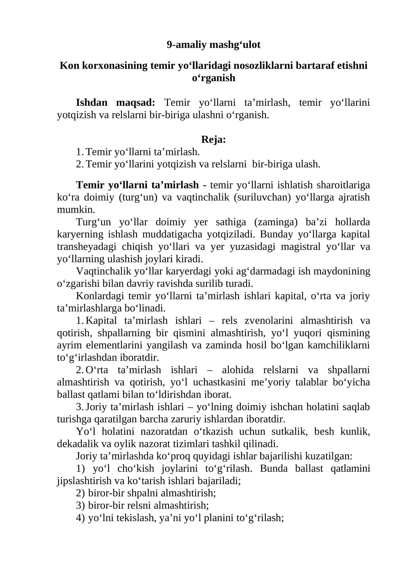 Kon korxonasining temir yo‘llaridagi nosozliklarni bartaraf etishni o‘rganish 1