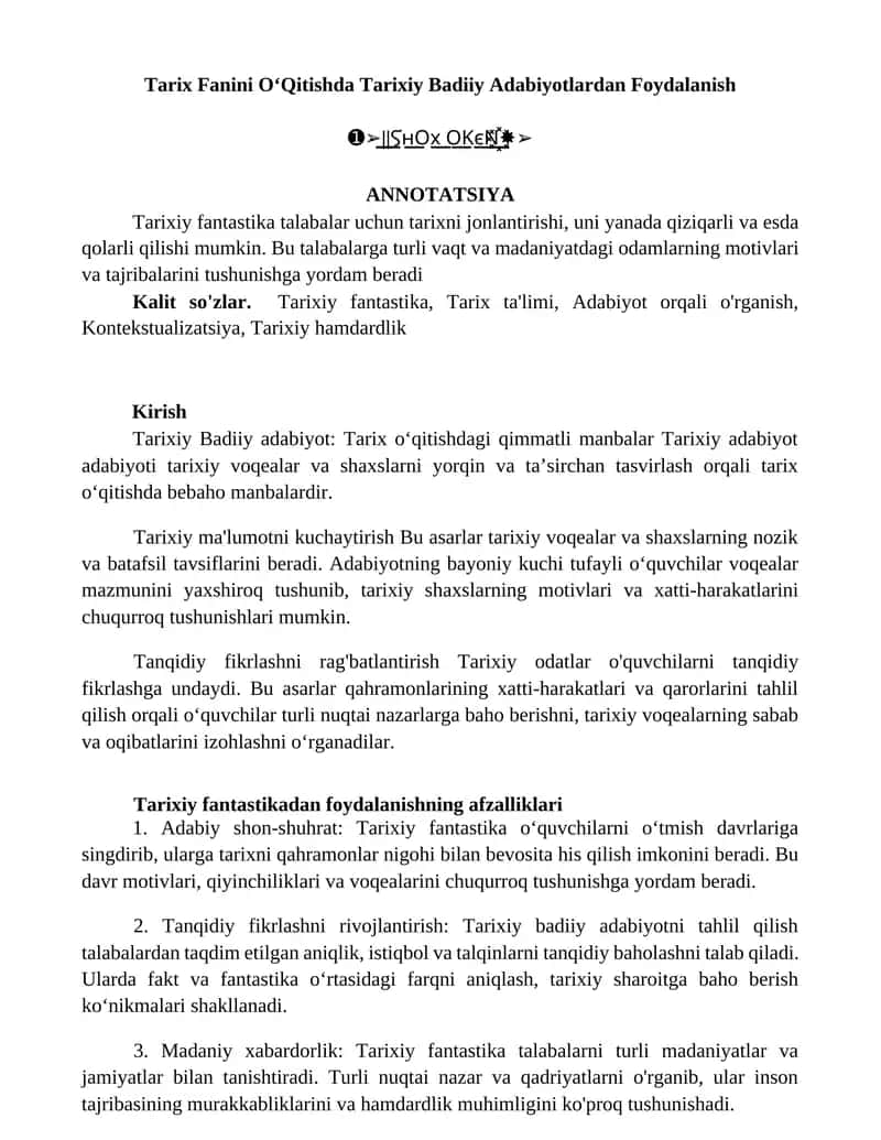 Tarix Fanini OʻQitishda Tarixiy Badiiy Adabiyotlardan Foydalanish 1