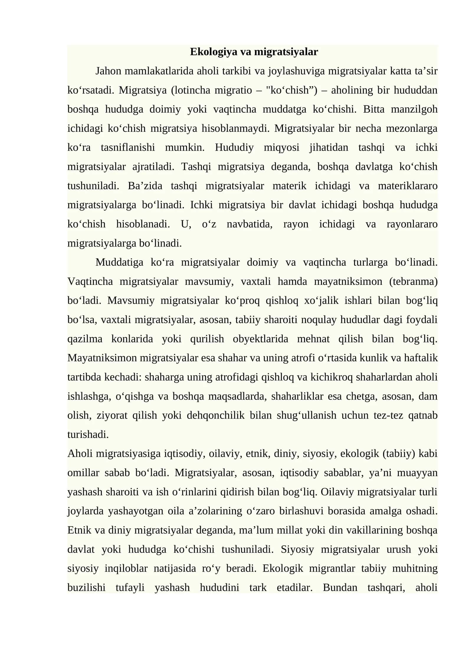 Ekologiya va migratsiyalar 1
