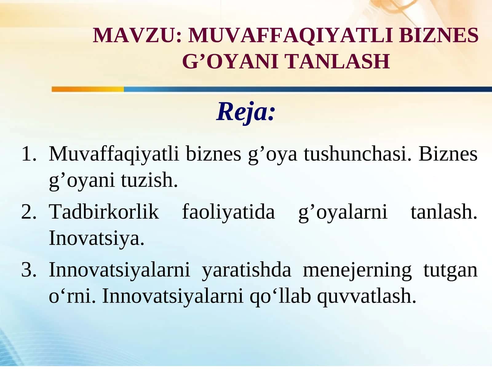 MUVAFFAQIYATLI BIZNES G’OYANI TANLASH 1