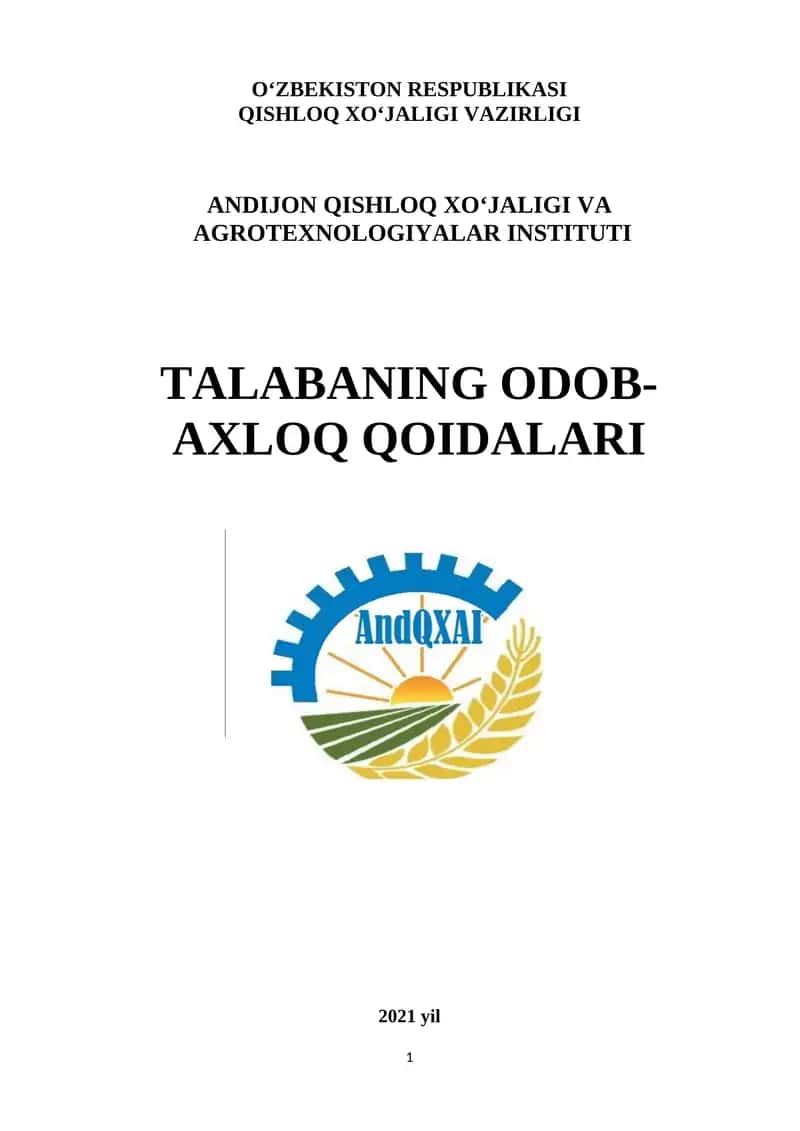 O‘zbekiston Respublikasi Qishloq xo‘jaligi va Agrotexnologiyalar Institutining Odob-Axloq Qoidalari 1