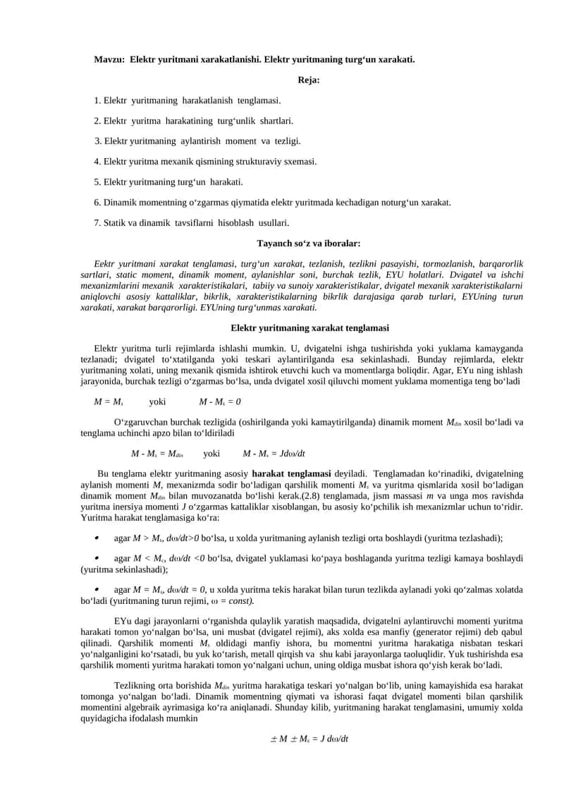 Elektr yuritmani xarakatlanishi. Elektr yuritmaning turg‘un xarakati 1