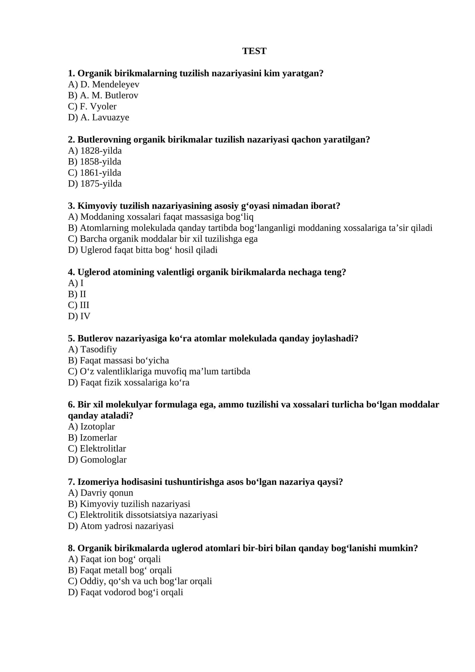 Organik birikmalar haqida savollar 1