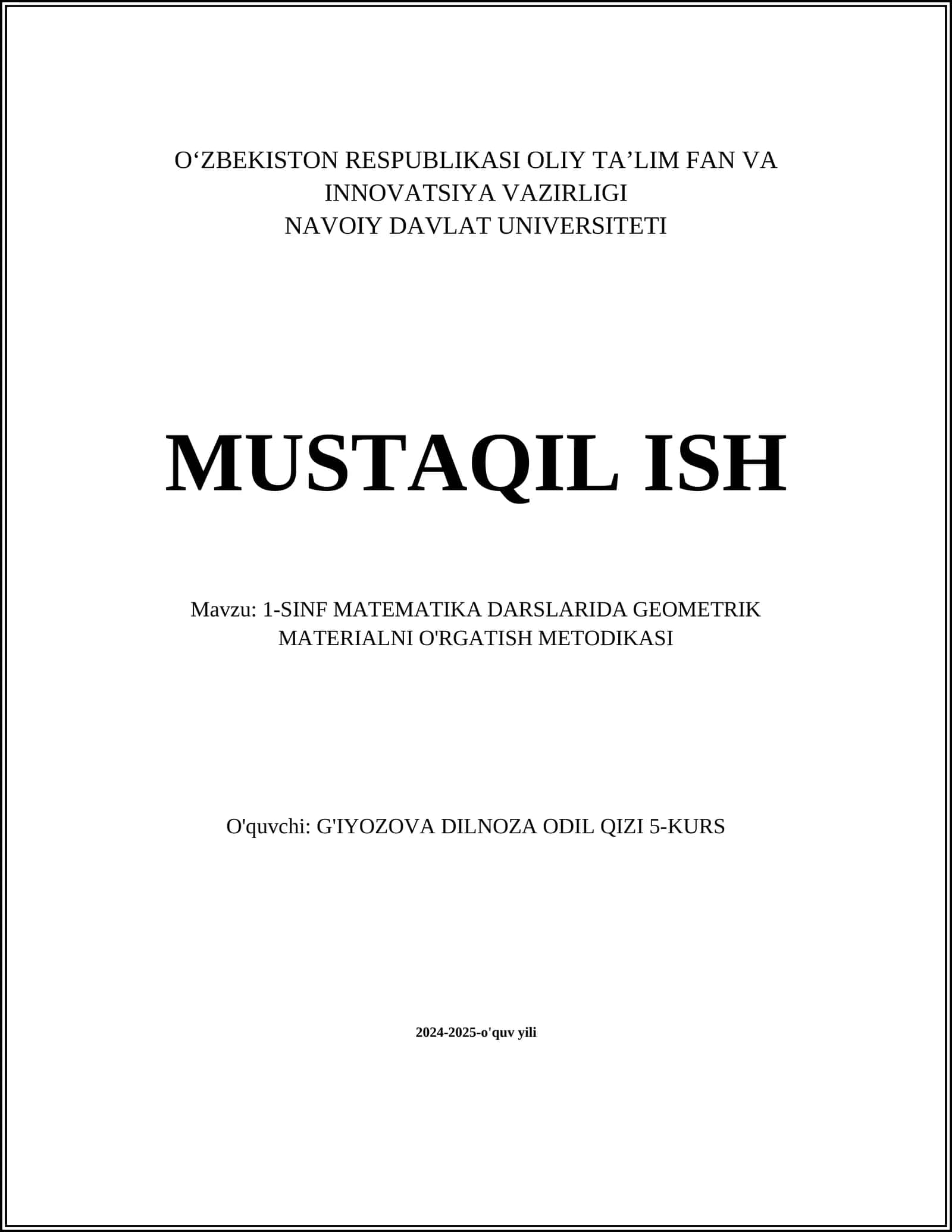 1-SINF MATEMATIKA DARSLARIDA GEOMETRIK MATERIALNI O'RGATISH METODIKASI 1