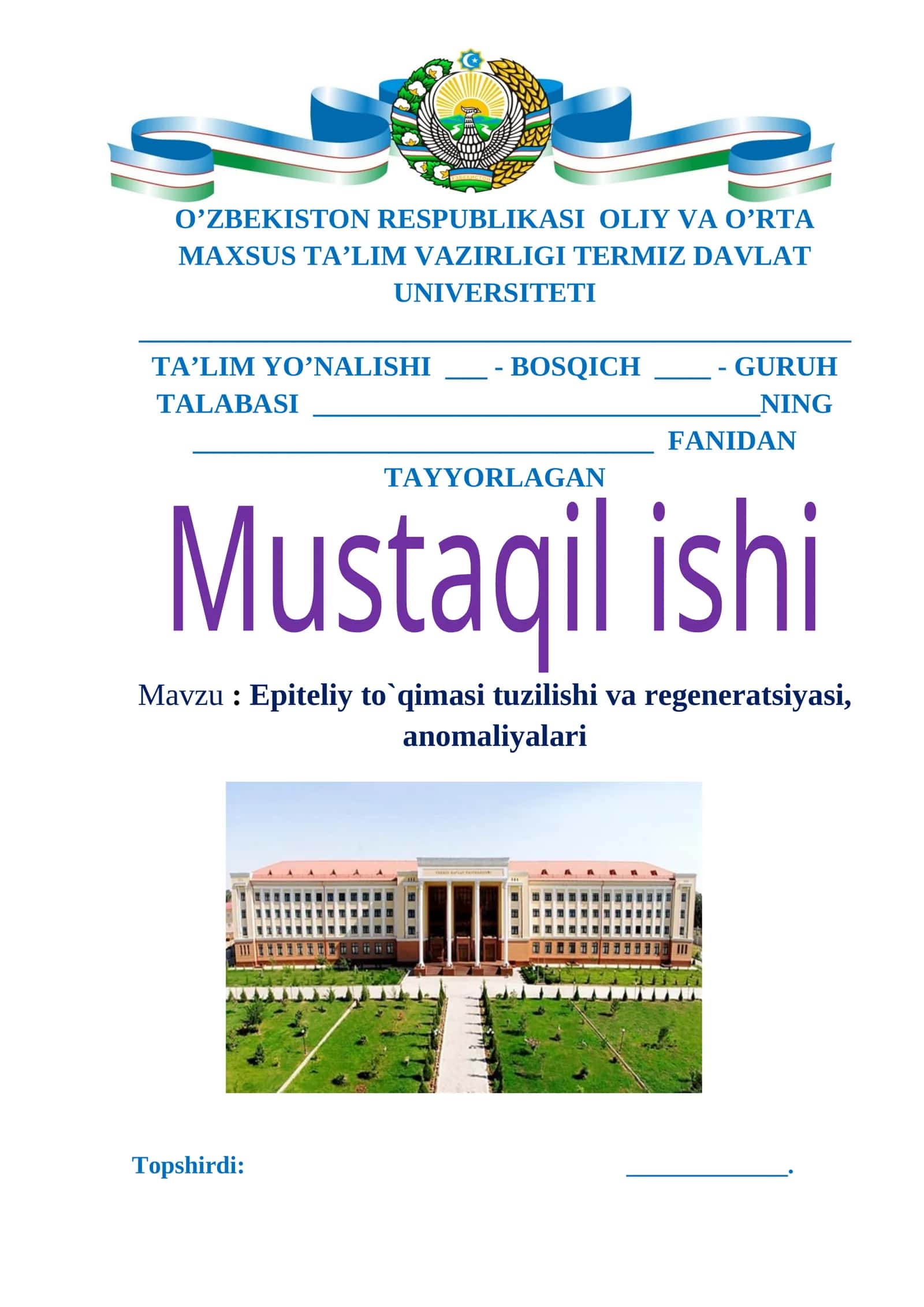 Epiteliy to`qimasi tuzilishi va regeneratsiyasi, anomaliyalari 1