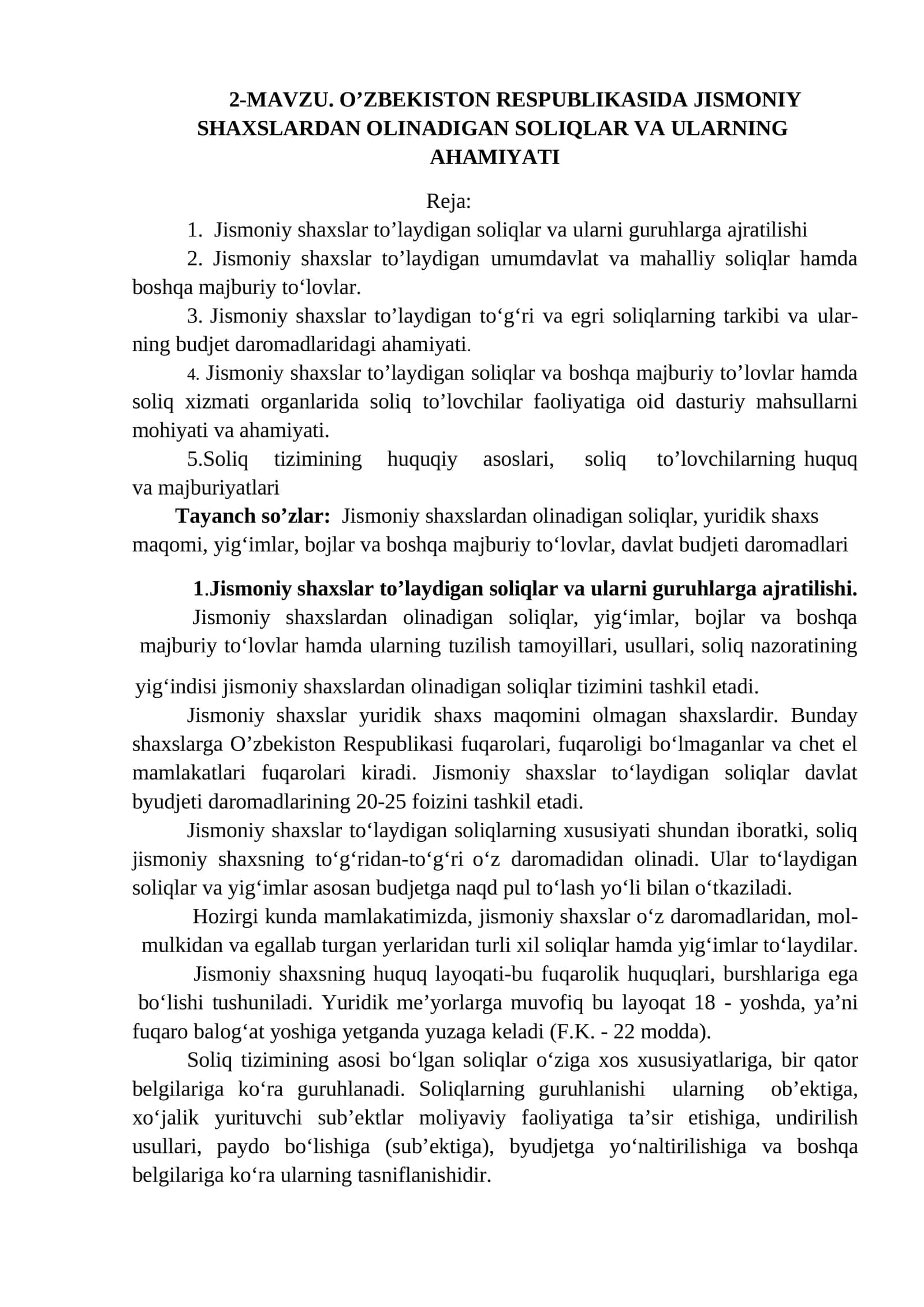 O’ZBEKISTON RESPUBLIKASIDA JISMONIY SHAXSLARDAN OLINADIGAN SOLIQLAR VA ULARNING AHAMIYATI 1