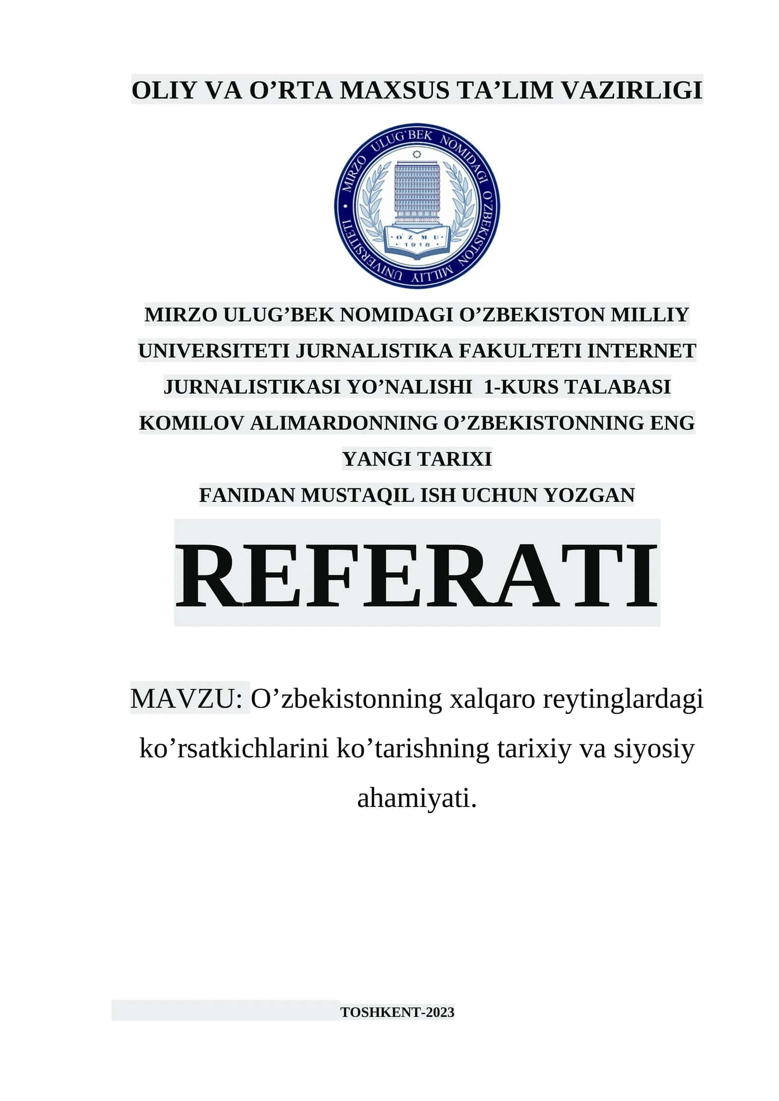 O’zbekistonning xalqaro reytinglardagi ko’rsatkichlarini ko’tarishning tarixiy va siyosiy ahamiyati 1