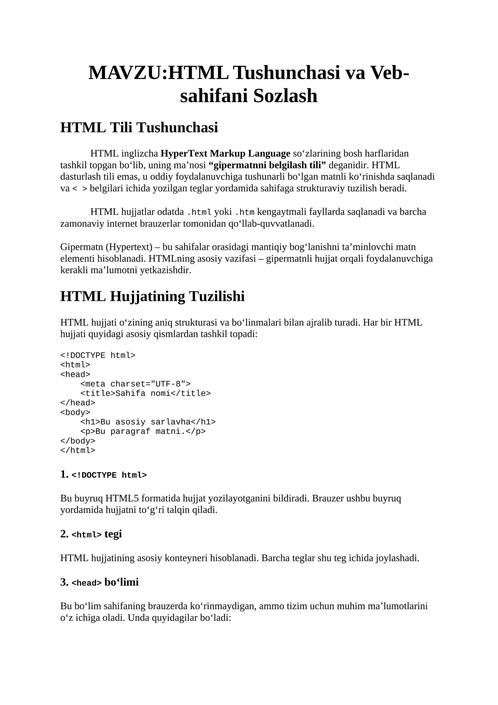 HTML Tushunchasi va Veb-sahifani Sozlash 1