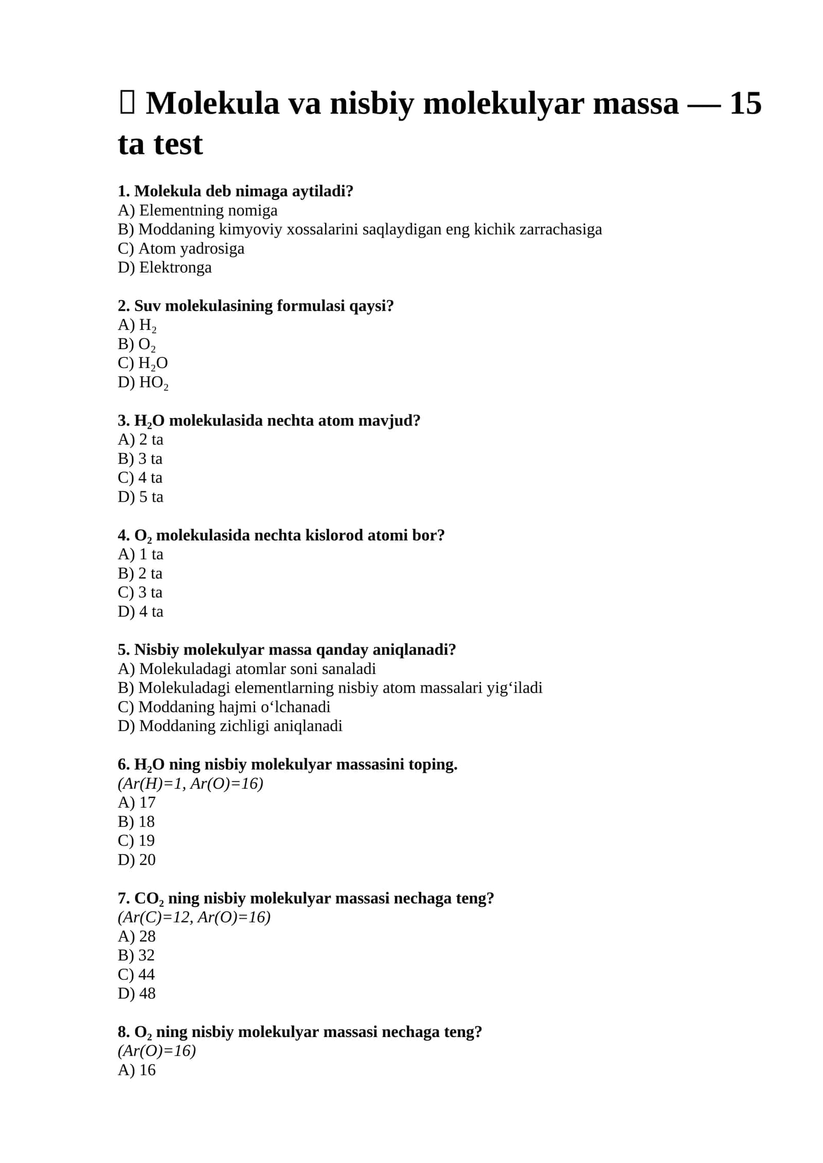 Molekula va nisbiy molekulyar massa — 15 ta test 1