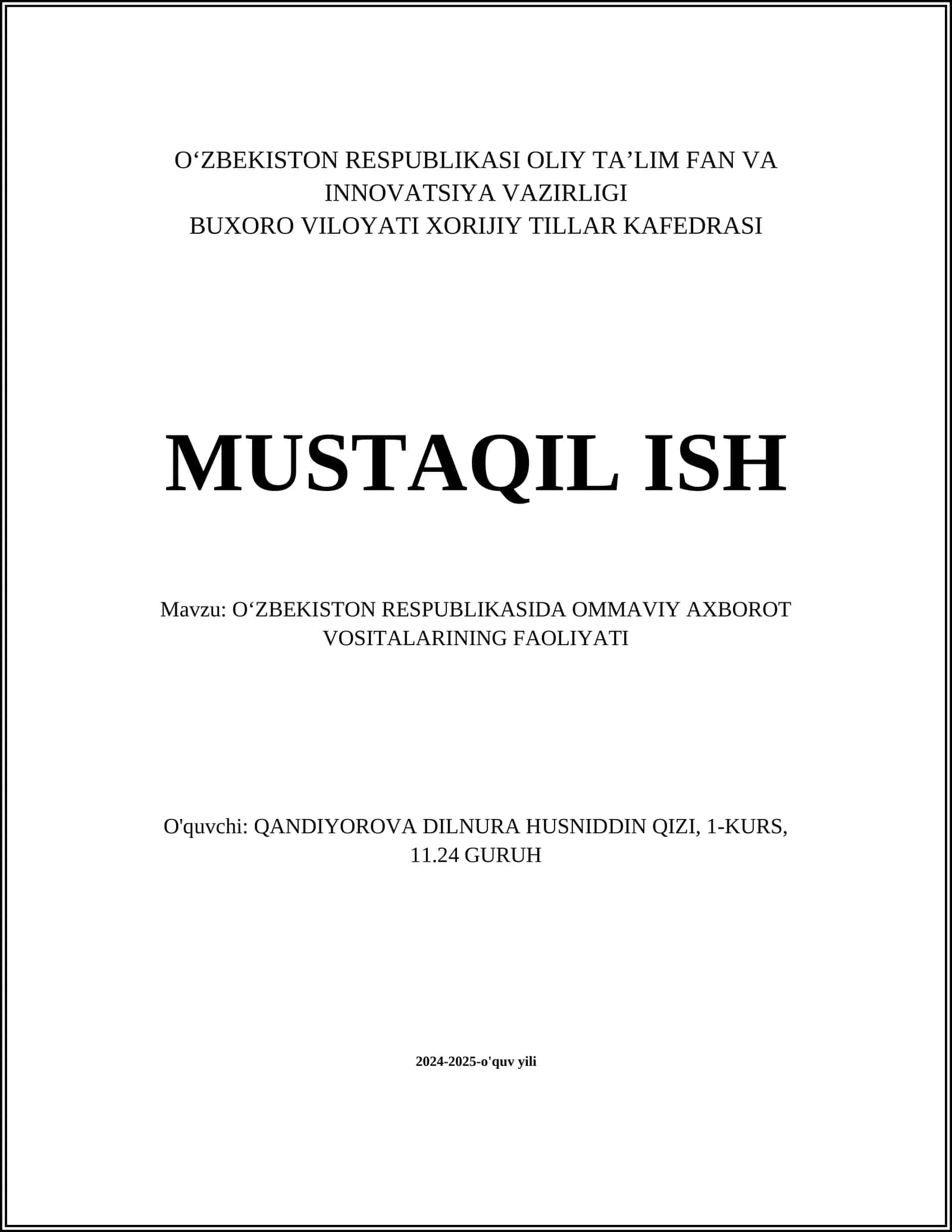 O'zbekiston Respublikasida Ommaviy Axborot Vositalarining Faoliyati 1