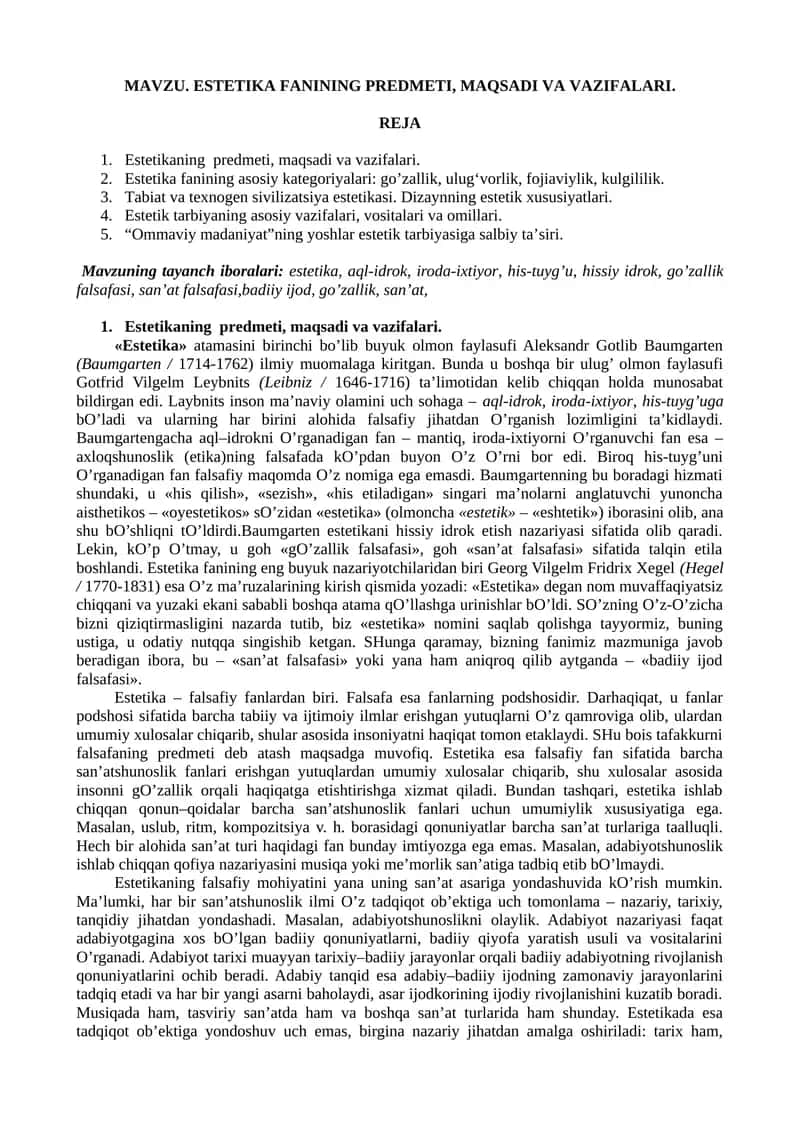 ESTETIKA FANINING PREDMETI, MAQSADI VA VAZIFALARI. 1