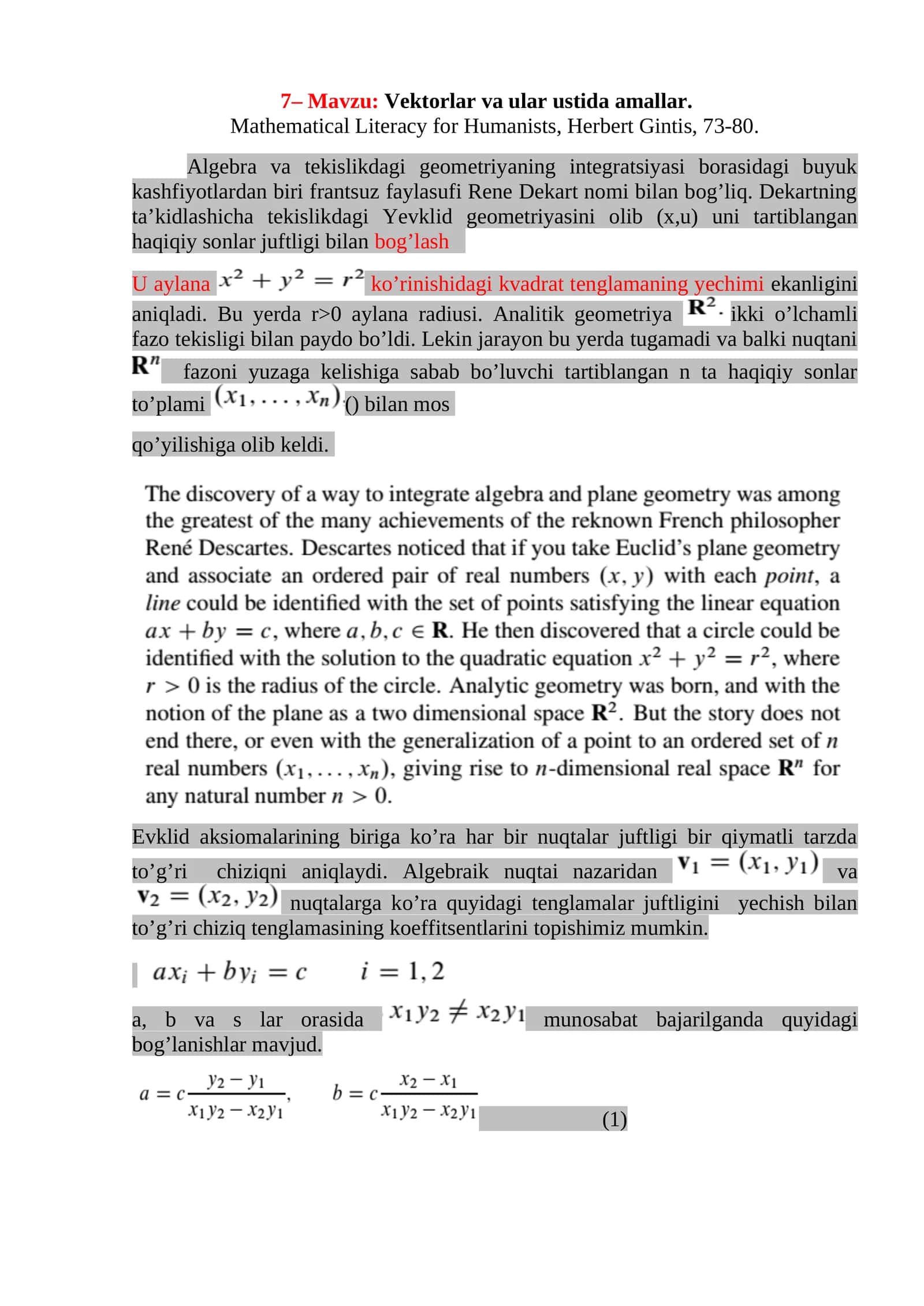 Algebra va tekislikdagi geometriya 1
