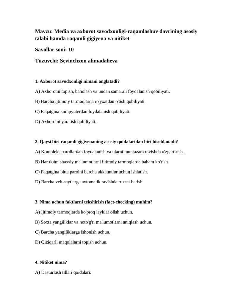 Media va axborot savodxonligi-raqamlashuv davrining asosiy talabi hamda raqamli gigiyena va nitiket 1