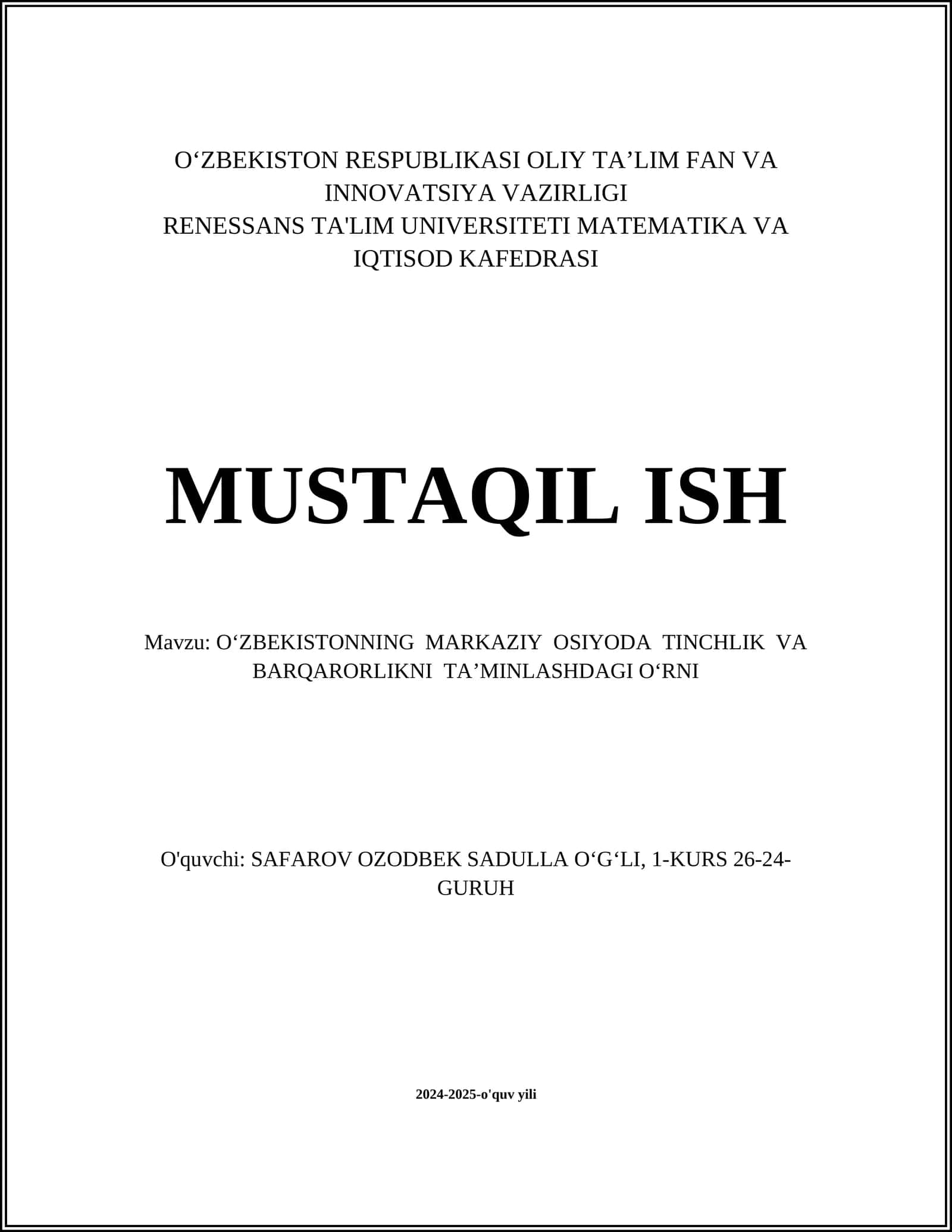 O‘zbekistonning Markaziy Osiyoda Tinchlik va Barqarorlik 1