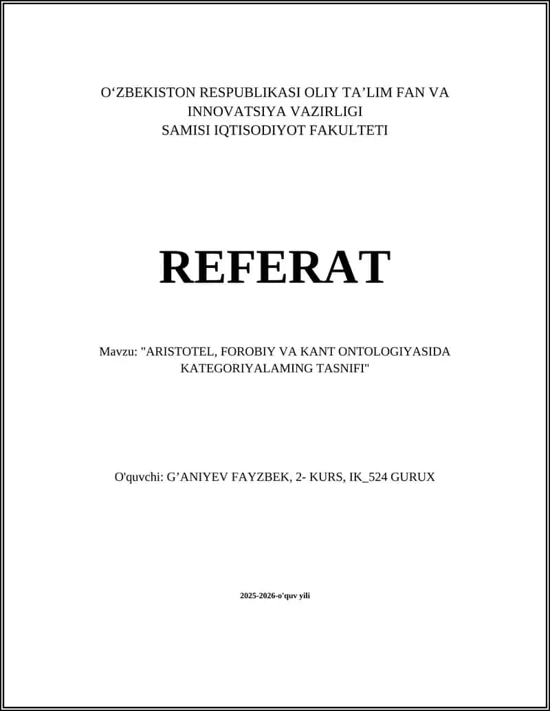 Aristotel, Forobiy va Kant Ontologiyasida Kategoriyalaming Tasnifi 1