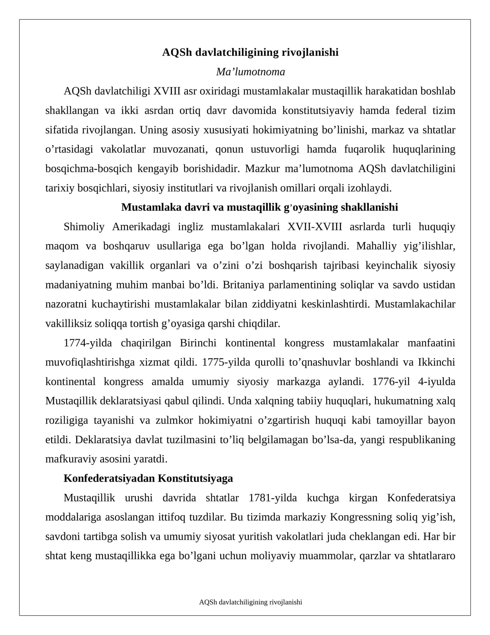 AQSh davlatchiligining rivojlanishi 1