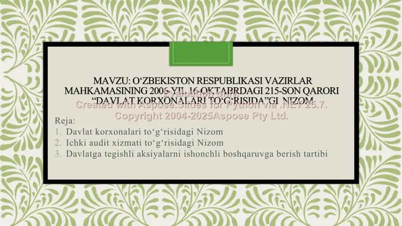 O‘zbekiston Respublikasi Vazirlar Mahkamasining 2006-yil 16-oktabrdagi 215-son qarori “Davlat korxonalari to‘g‘risida”gi  Nizom 1
