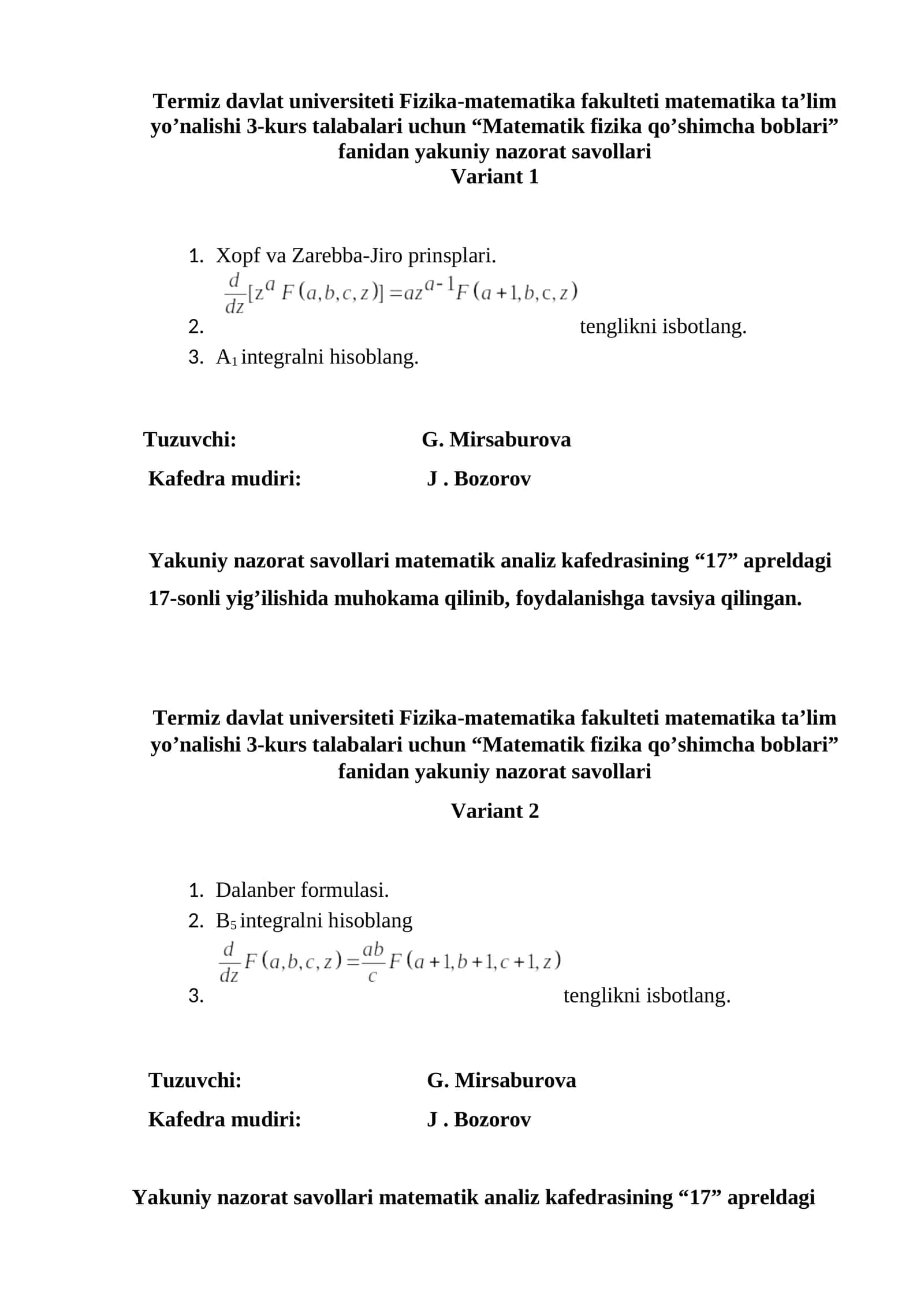 Matematik fizika qo’shimcha boblari 1
