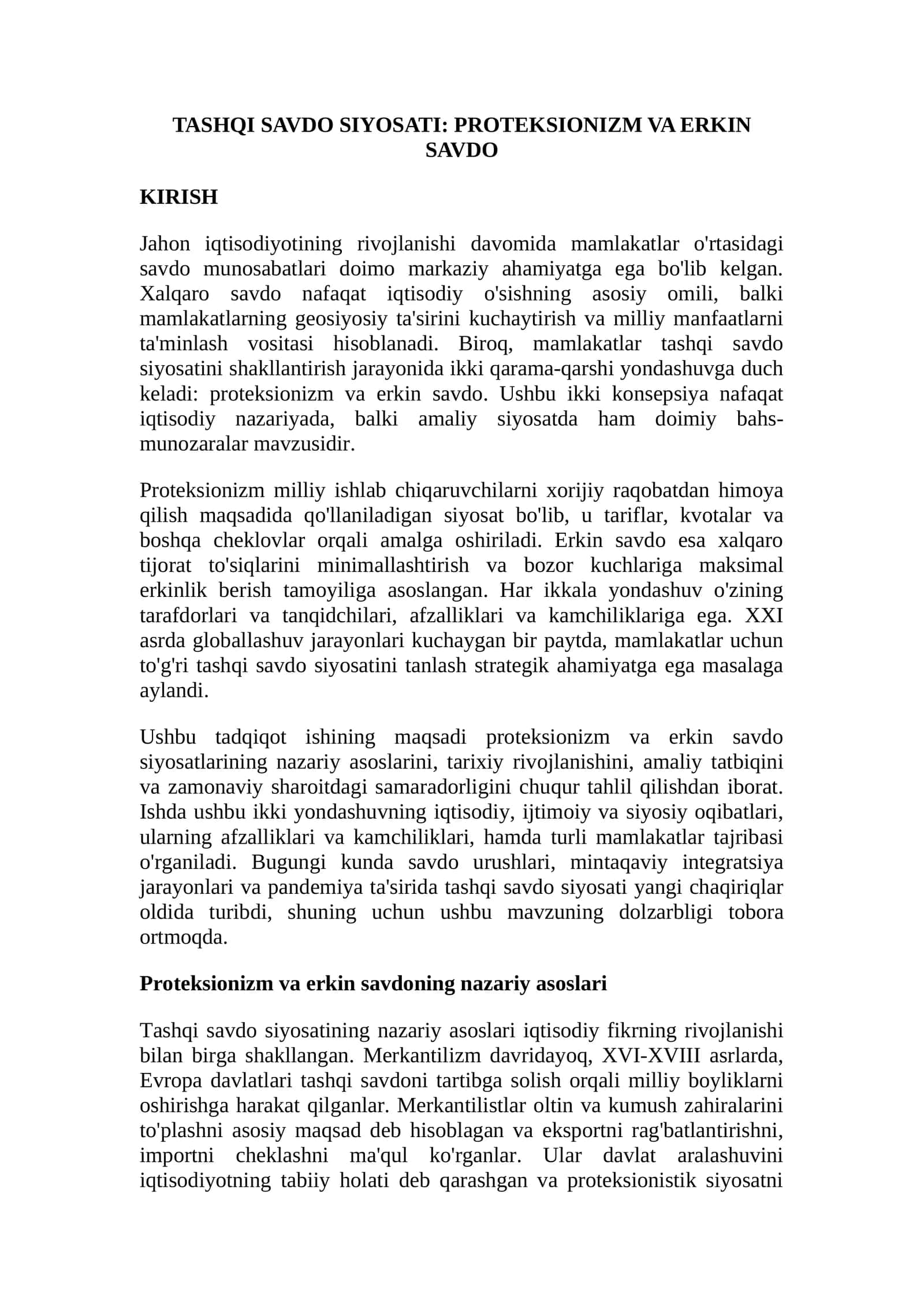 TASHQI SAVDO SIYOSATI: PROTEKSIONIZM VA ERKIN SAVDO 1