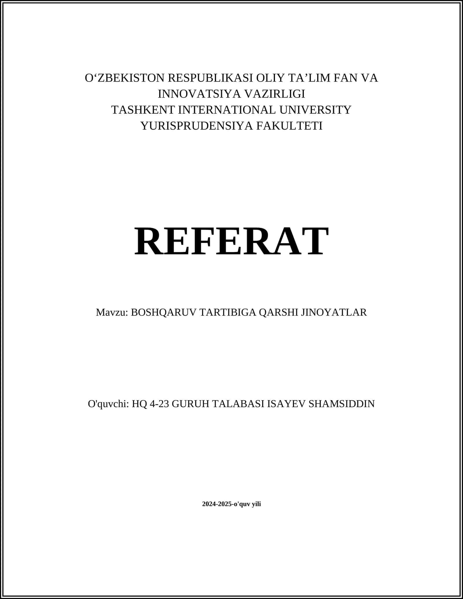 BOSHQARUV TARTIBIGA QARSHI JINOYATLAR 1