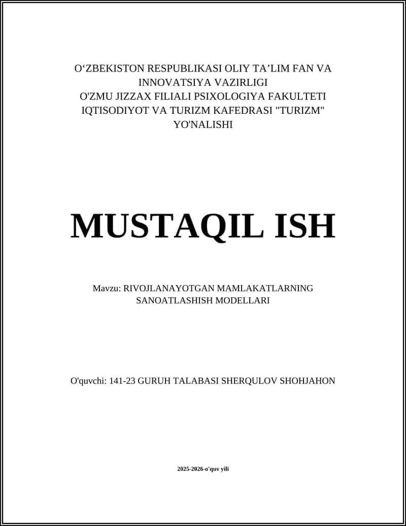 Rivojlanayotgan Mamlakatlarning Sanoatlashish Modellari 1