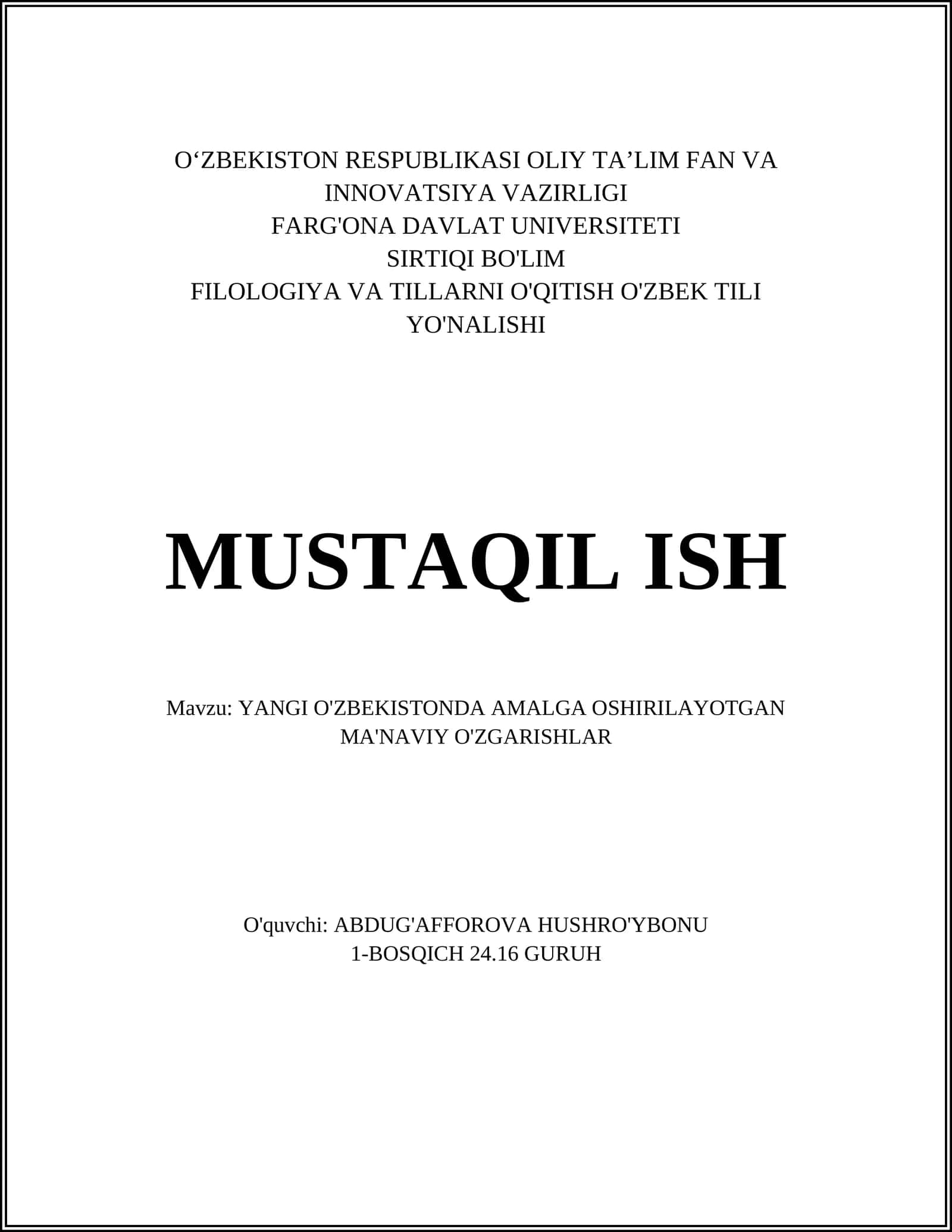 YANGI O'ZBEKISTONDA AMALGA OSHIRILAYOTGAN MA'NAVIY O'ZGARISHLAR 1