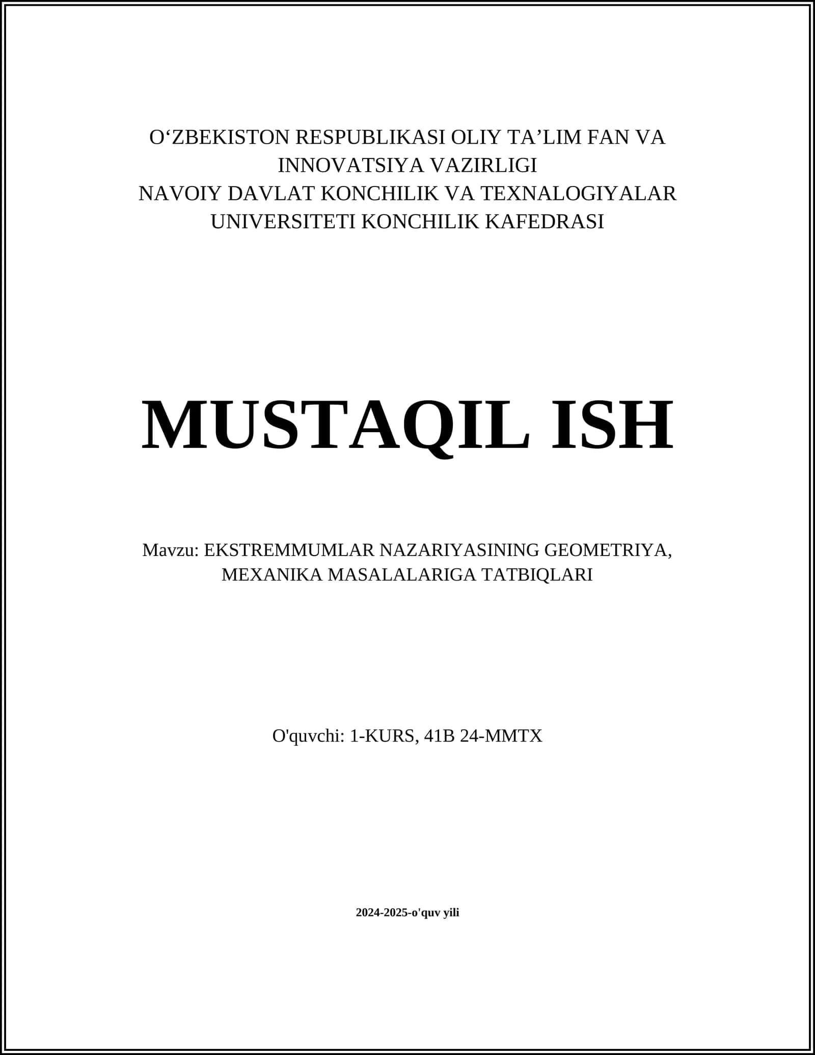 EKSTREMMUMLAR NAZARIYASINING GEOMETRIYA, MEXANIKA MASALALARIGA TATBIQLARI 1
