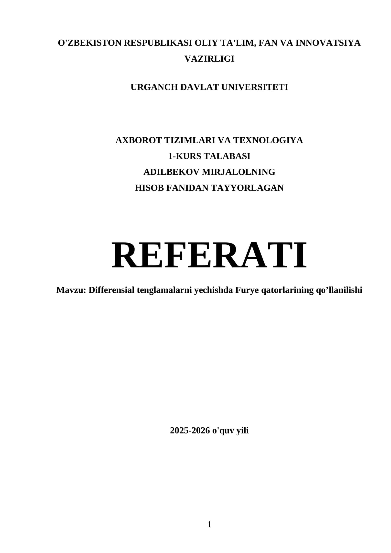 Differensial tenglamalarni yechishda Furye qatorlarining qoʼllanilishi 1