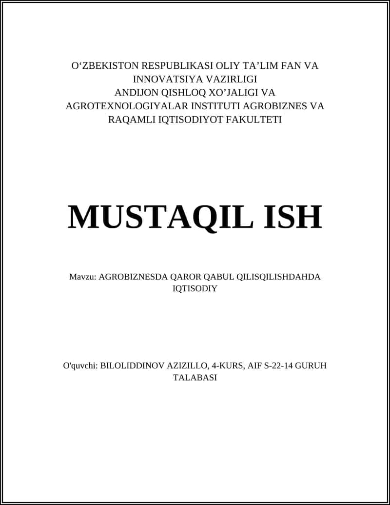 Agrobiznesda iqtisodiy tahlil metodlari va qaror qabul qilish 1