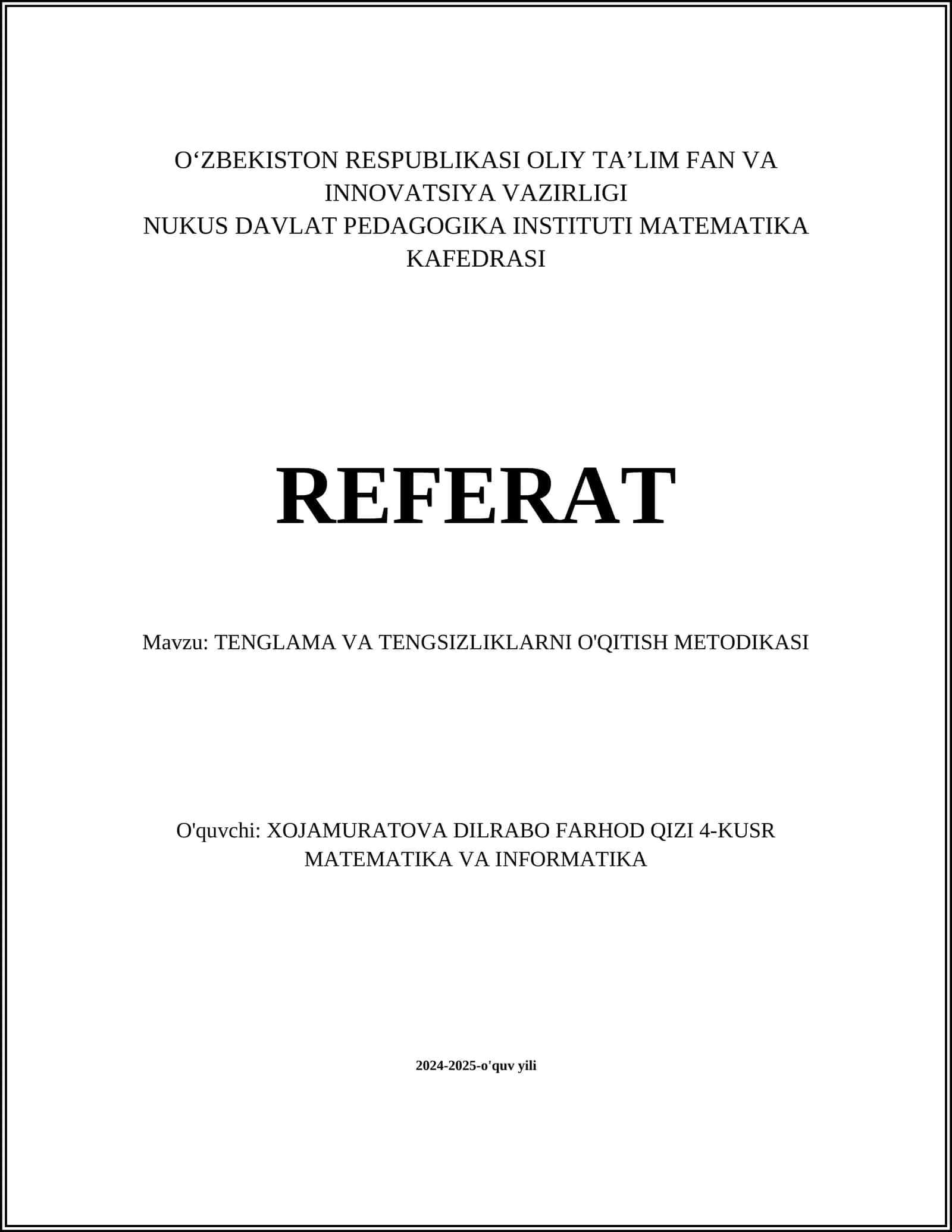 TENGLAMA VA TENGSIZLIKLARNI O'QITISH METODIKASI 1