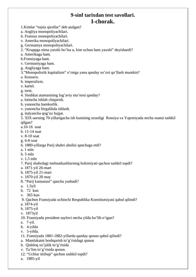 9-sinf tarixdan test savollari 1