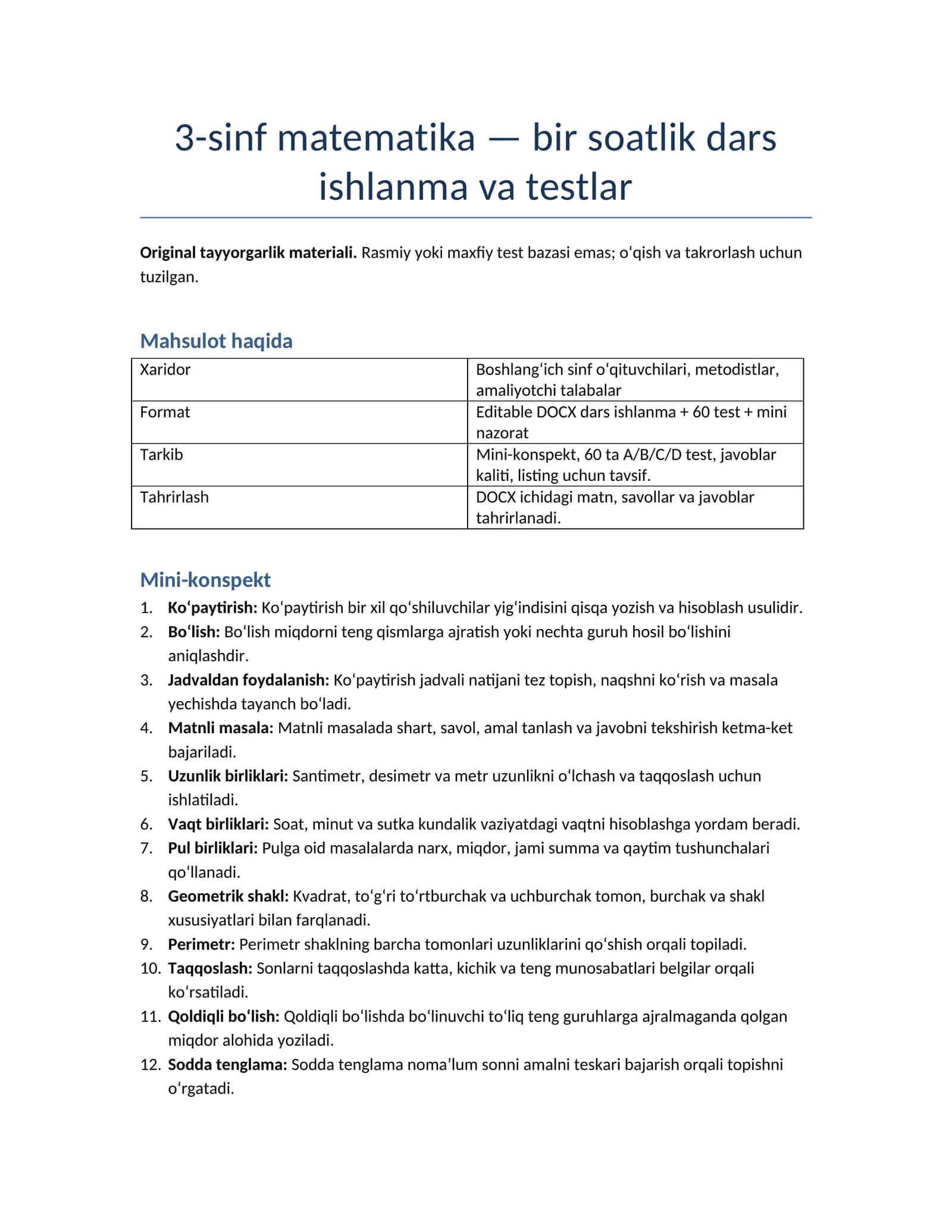 3-sinf matematika — bir soatlik dars ishlanma va testlar 1