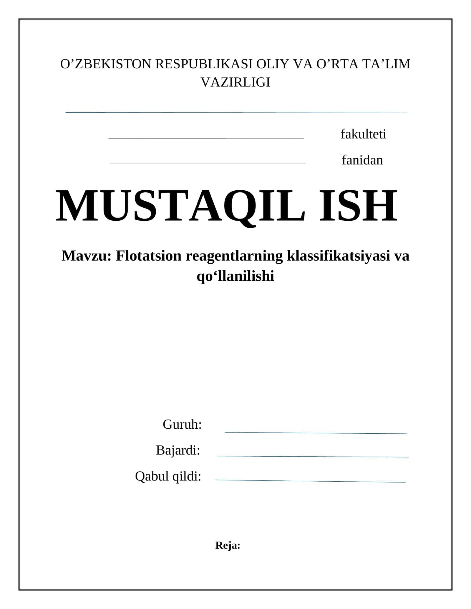 Flоtаtsiоn rеаgеntlаrning klаssifikаtsiyasi vа qo‘llаnilishi 1