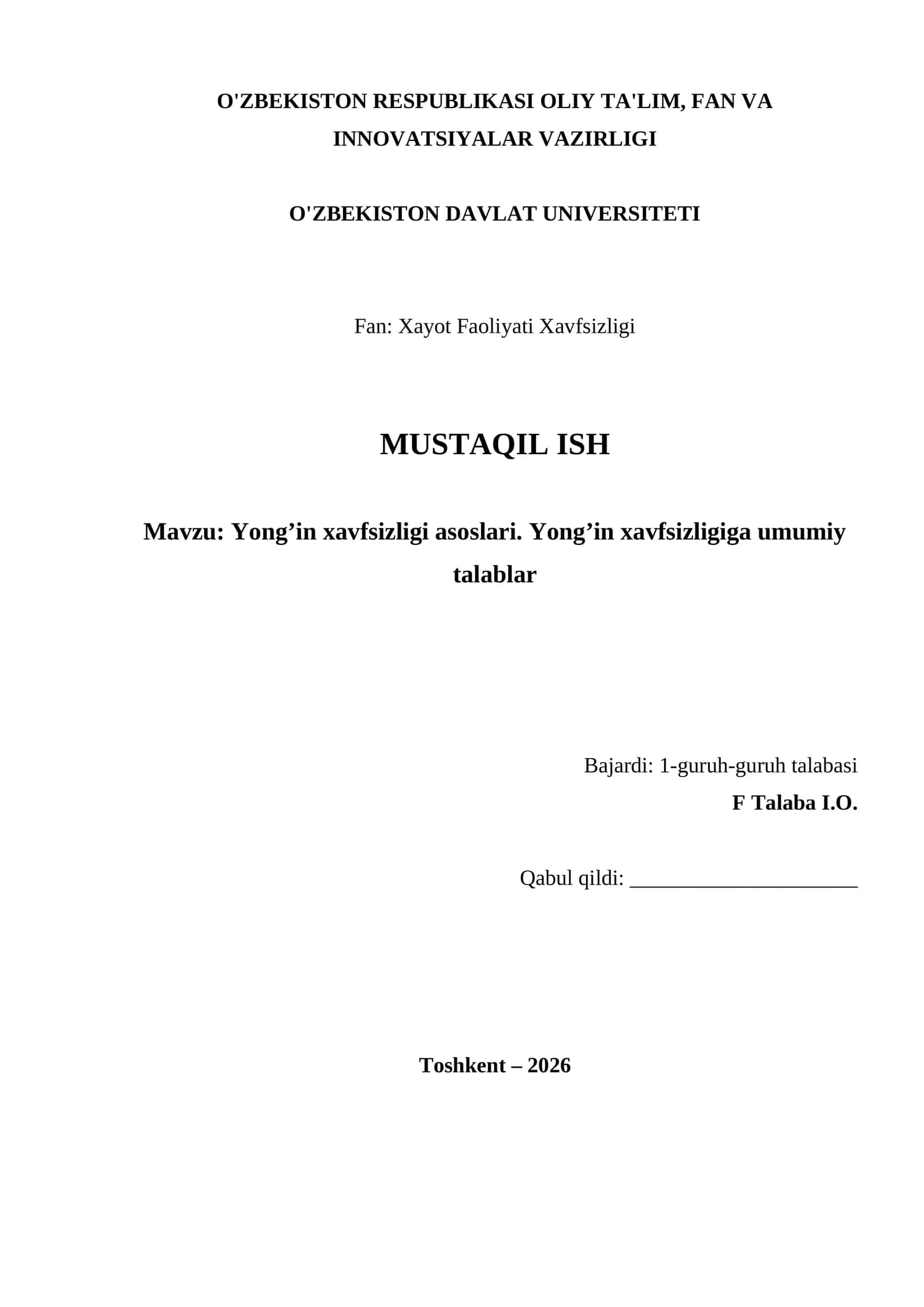 Yong’in xavfsizligi asoslari. Yong’in xavfsizligiga umumiy talablar 1