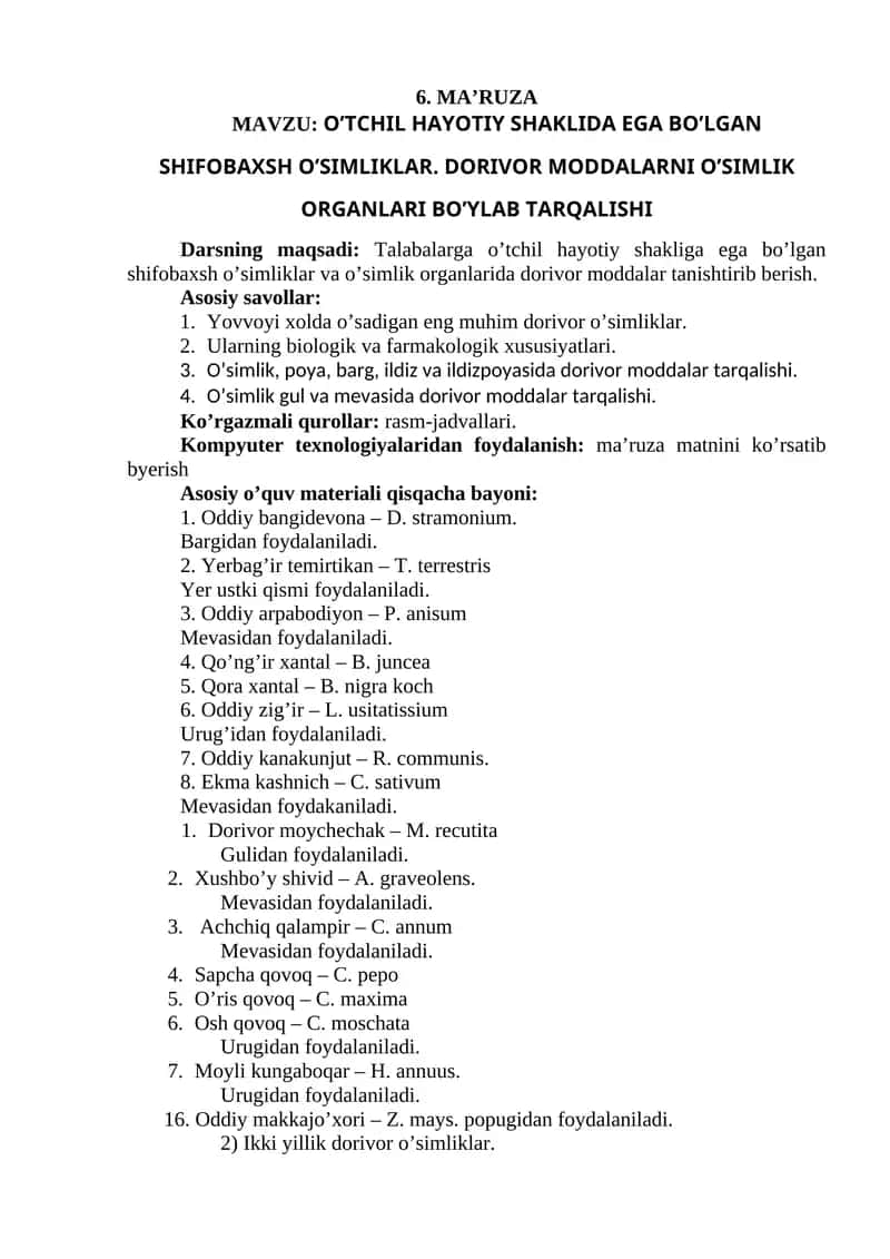 O'Tchil hayotiy shaklida ega bo'lgan shifobaxsh o'simliklar va o'simlik organlarida dorivor moddalar tanishtirish 1