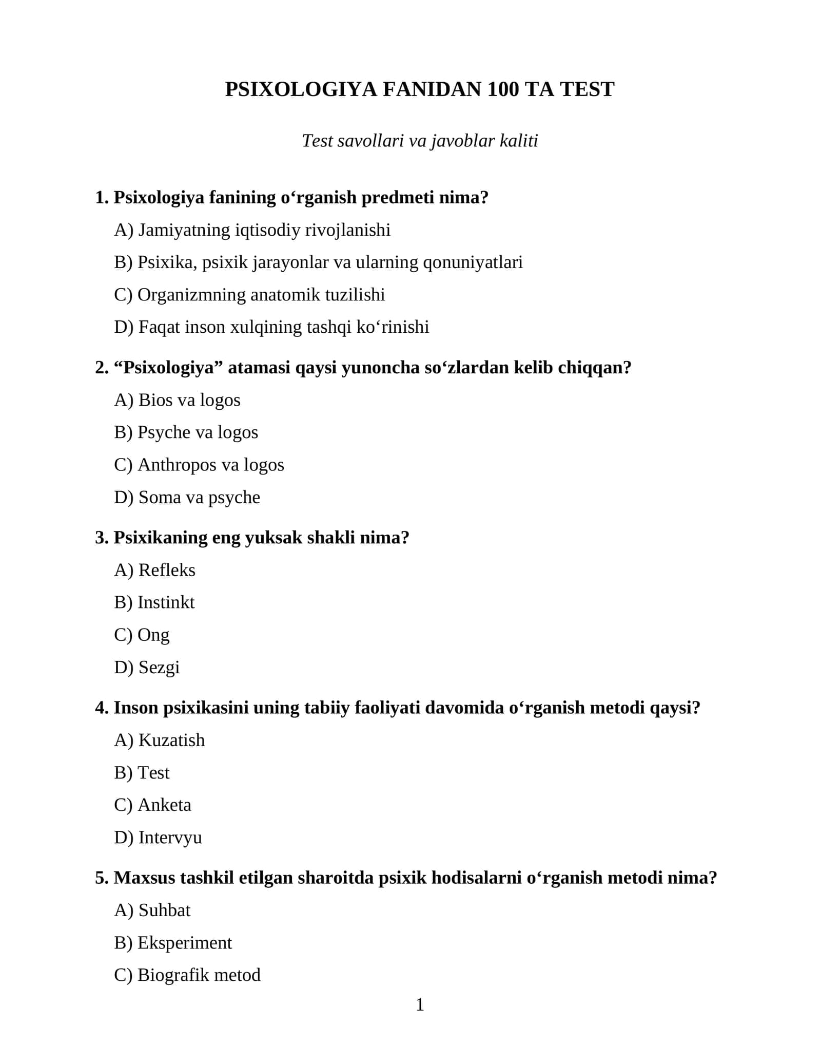 PSIXOLOGIYA FANIDAN 100 TA TEST 1