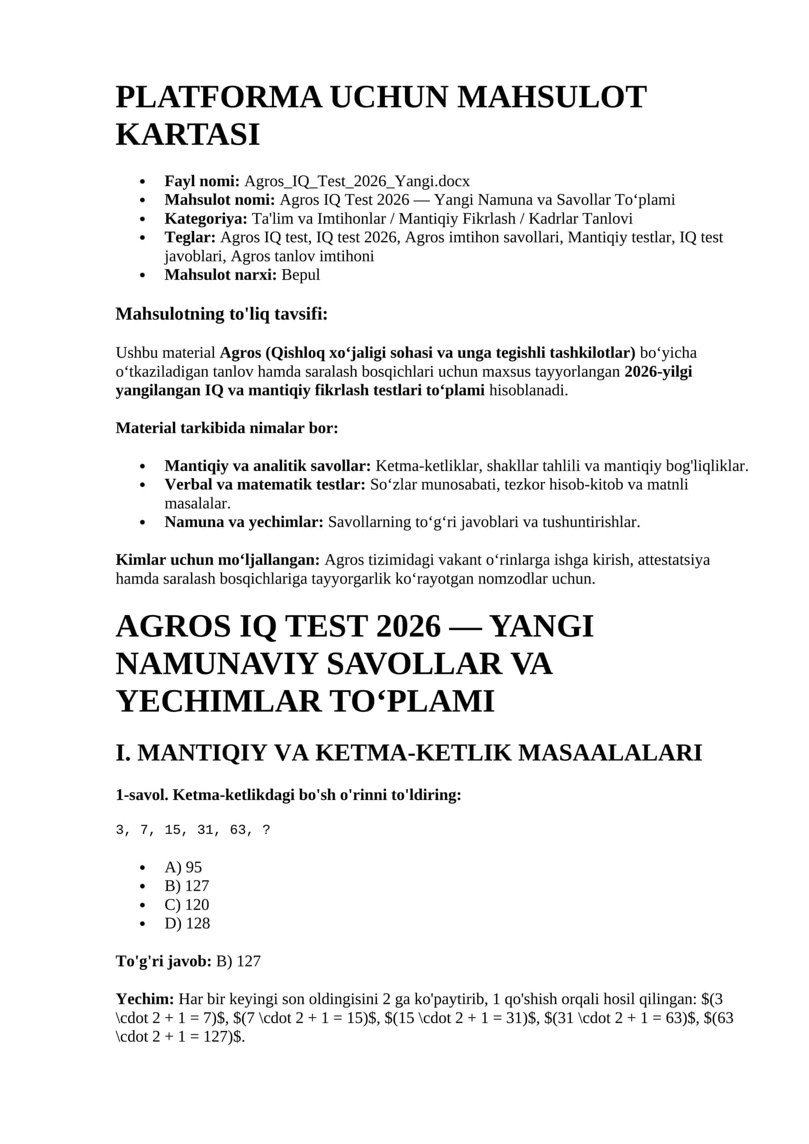 Agros IQ Test 2026 — Yangi Namuna va Savollar Toʻplami 1