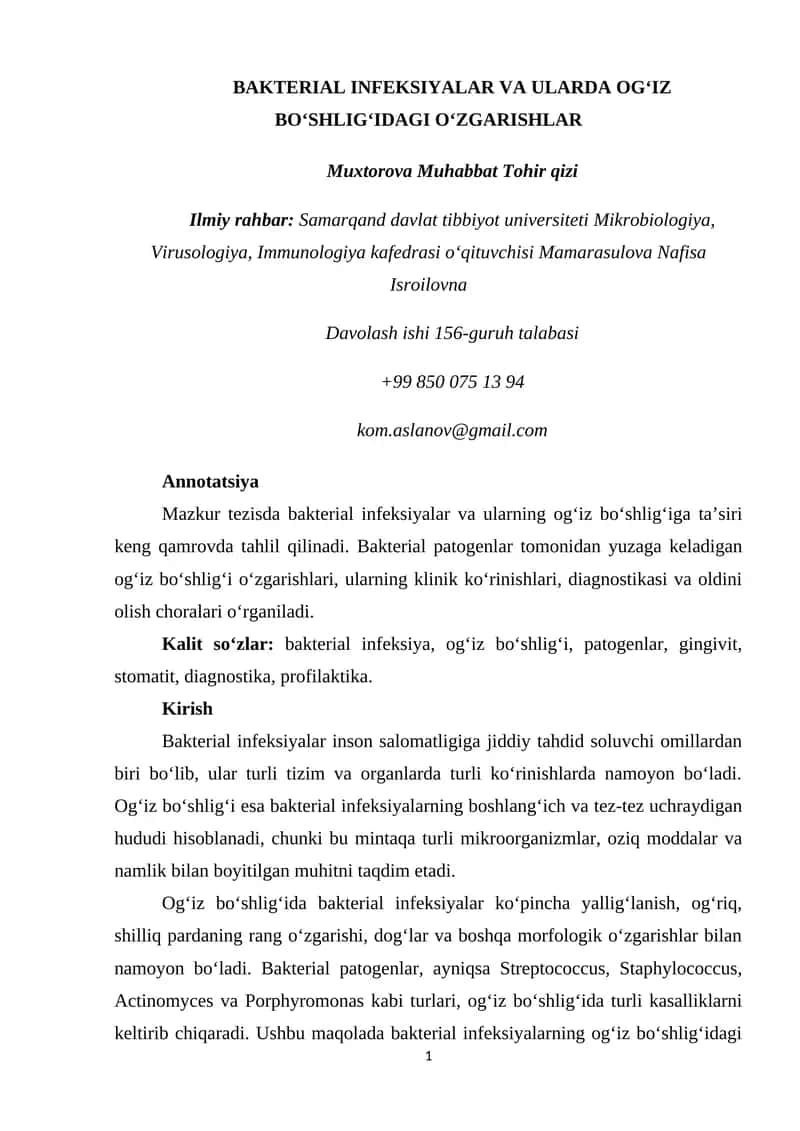 BАKTЕRIАL INFЕKSIYАLАR VА ULАRDА ОG‘IZ BО‘SHLIG‘IDАGI О‘ZGАRISHLАR 1