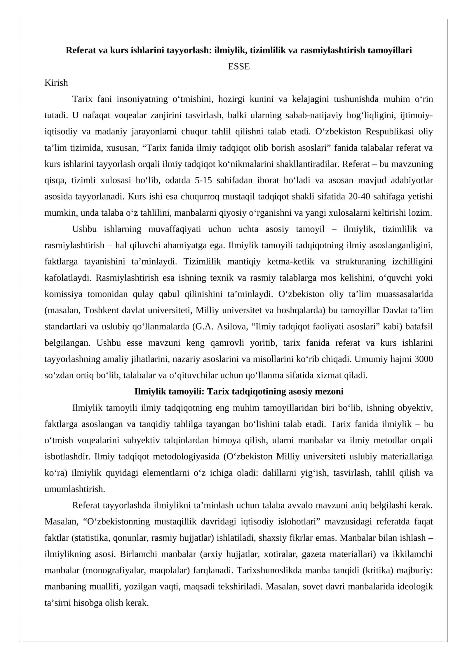 Referat va kurs ishlarini tayyorlash: ilmiylik, tizimlilik va rasmiylashtirish tamoyillari 1