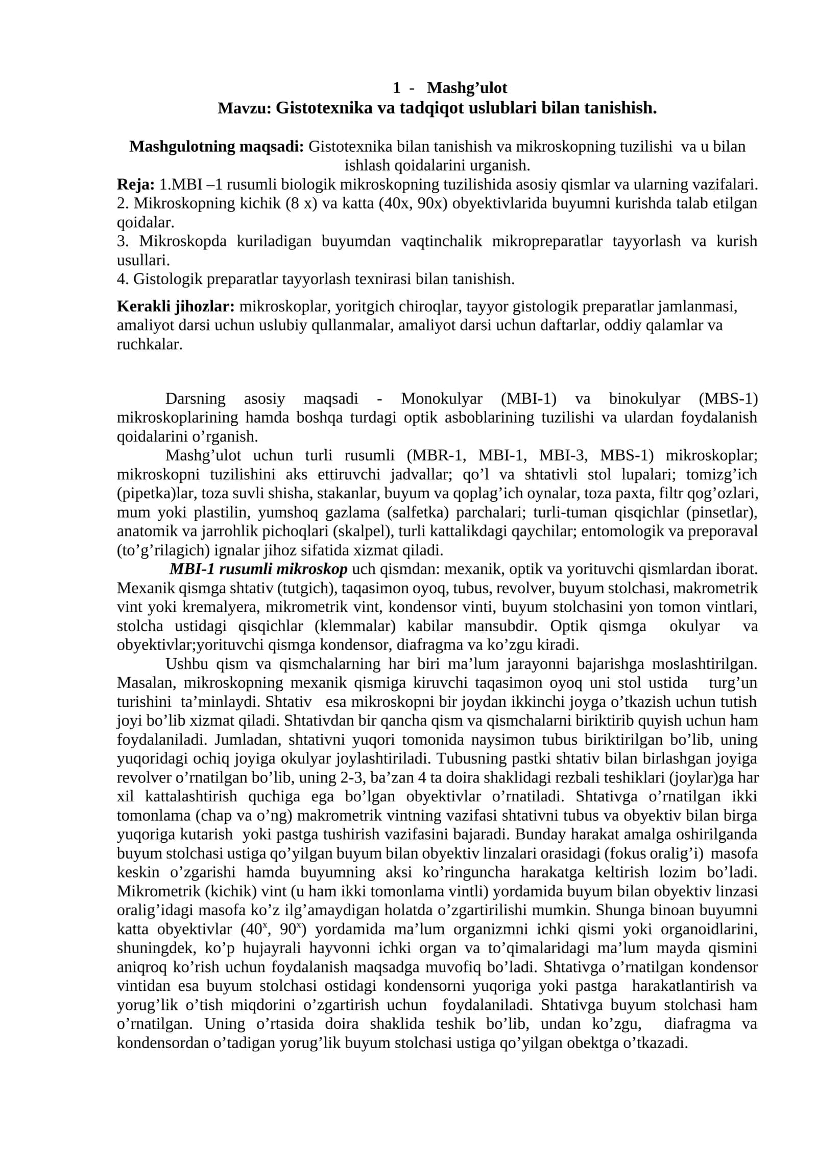 Gistotexnika va tadqiqot uslublari bilan tanishish 1