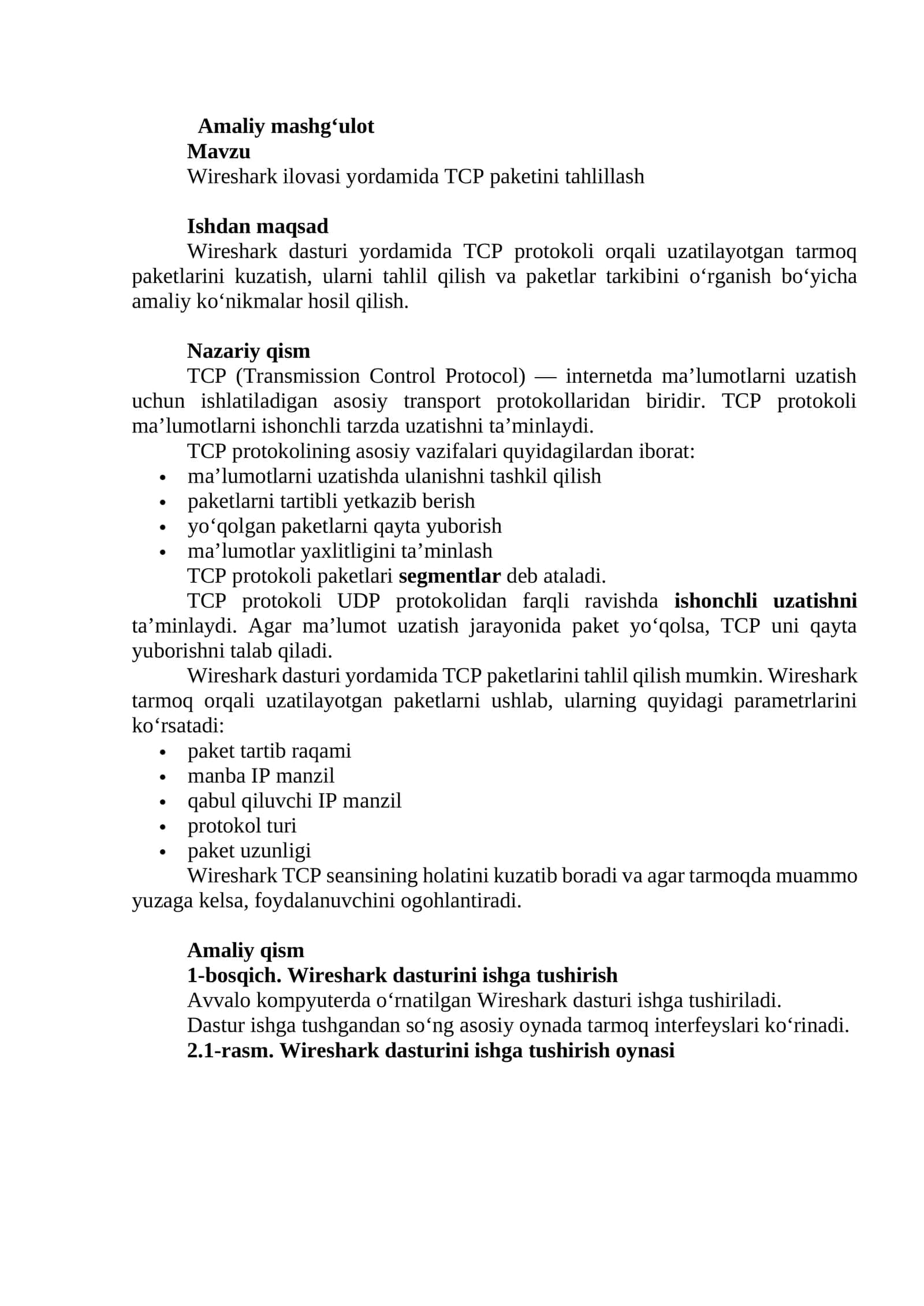 Wireshark ilovasi yordamida TCP paketini tahlillash 1