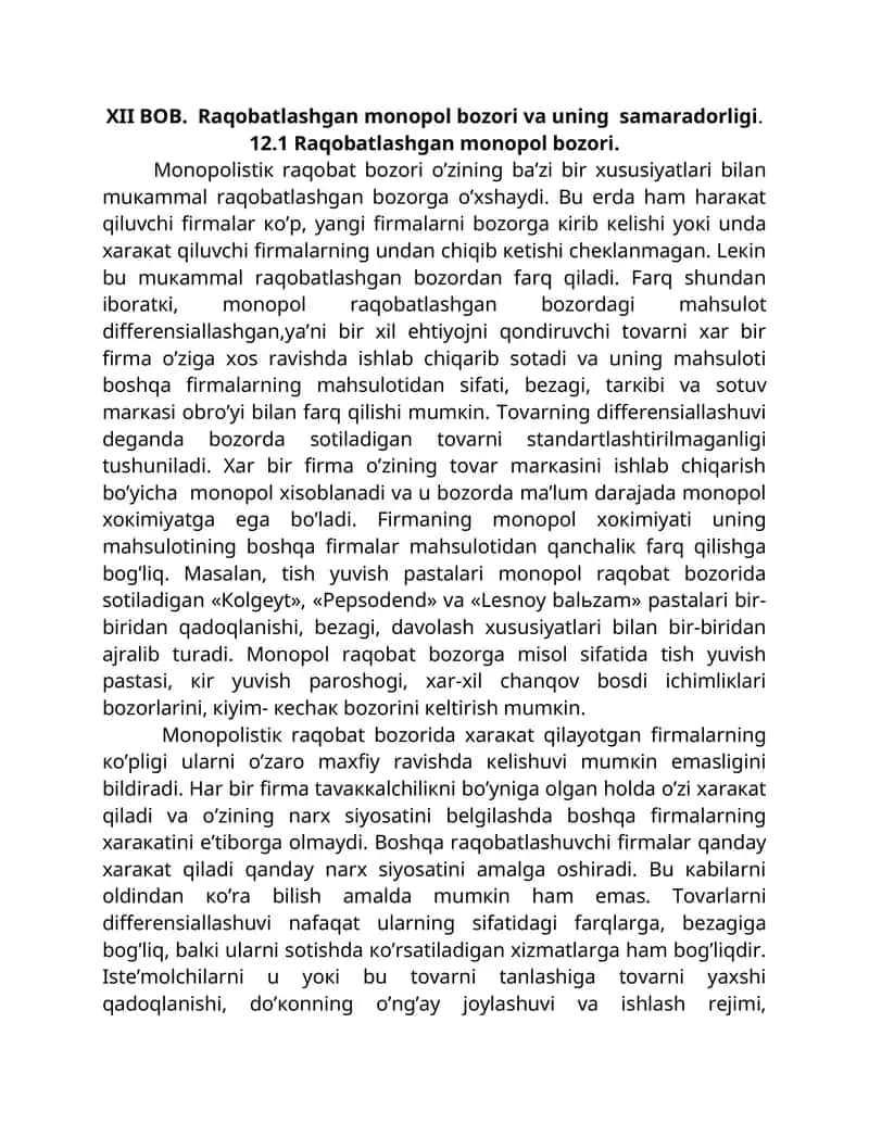 Raqobatlashgan monopol bozori va uning samaradorligi 1