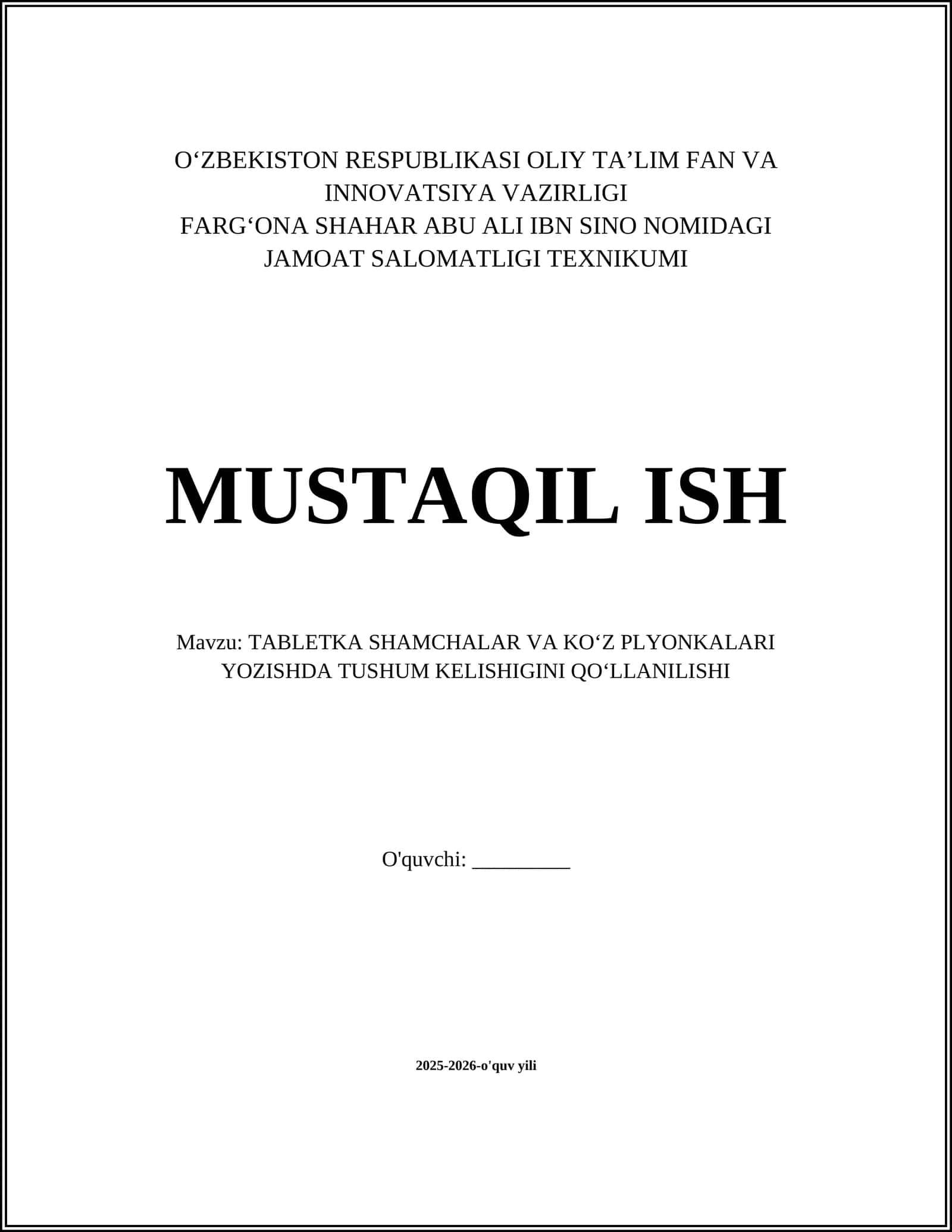 TABLETKA SHAMCHALAR VA KOʻZ PLYONKALARI YOZISHDA TUSHUM KELISHIGINI QOʻLLANILISHI 1