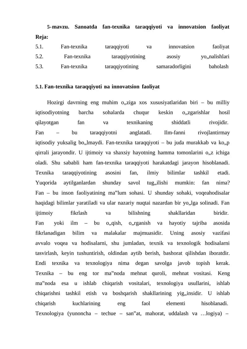 Sanoatda fan-texnika taraqqiyoti va innovatsion faoliyat 1