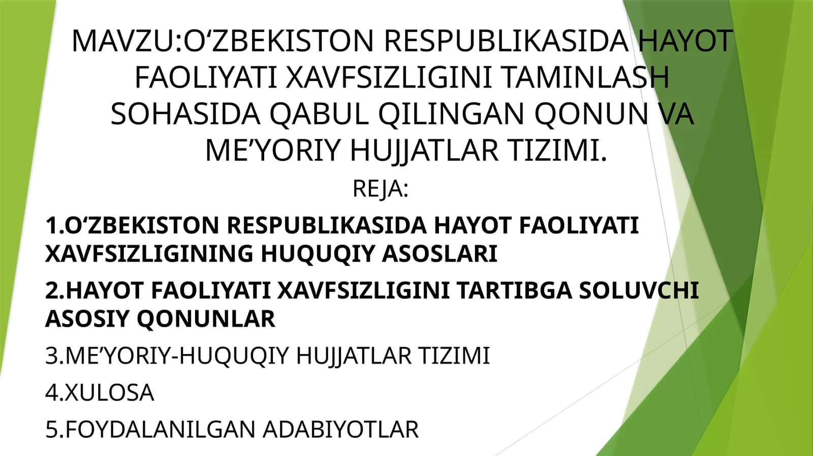 OʻZBEKISTONRESPUBLIKASIDA HAYOTFAOLIYATI XAVFSIZLIGINI TAMINLASHSOHASIDA QABUL QILINGAN QONUN VAMEʼYORIYHUJJATLAR TIZIMI 1