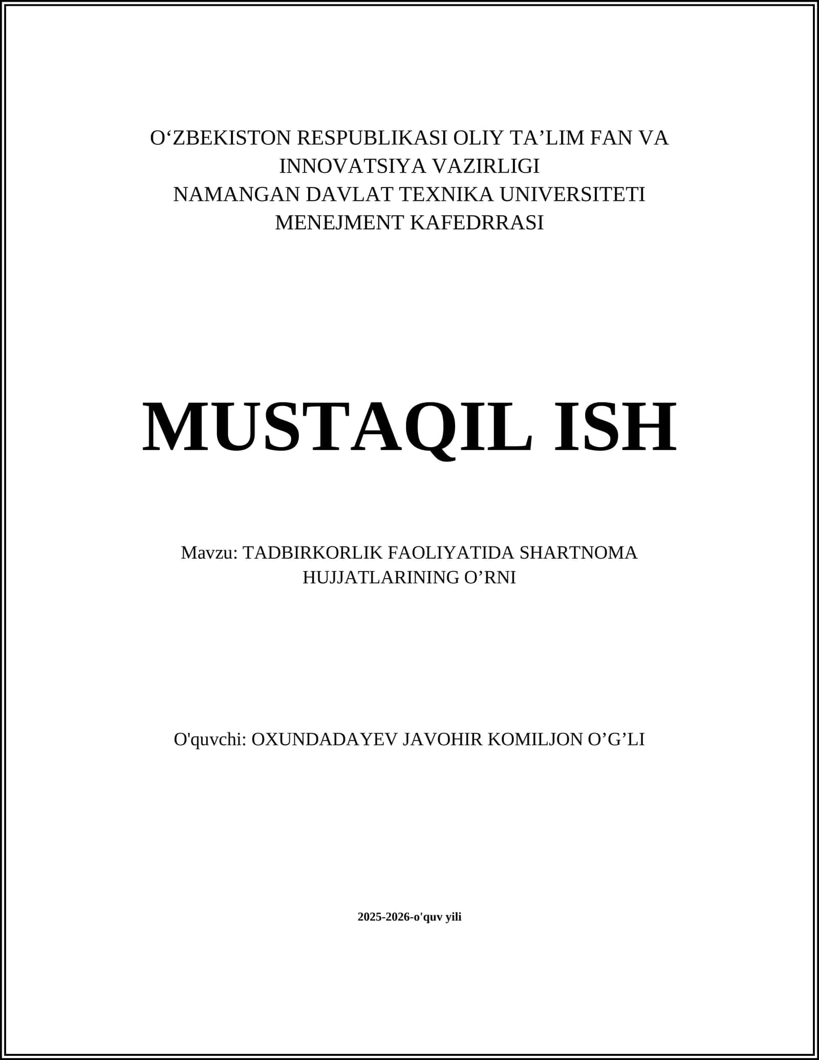 TADBIRKORLIK FAOLIYATIDA SHARTNOMA HUJJATLARINING O’RNI 1