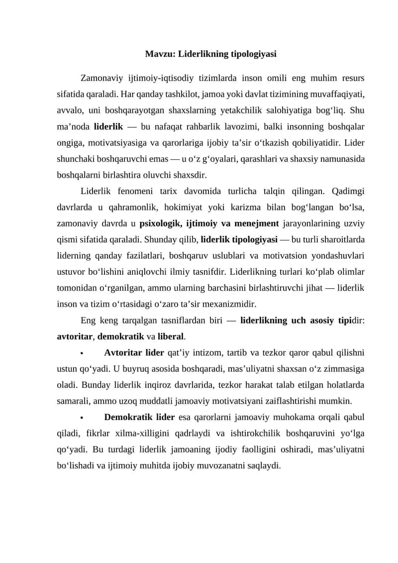 Liderlikning tipologiyasi 1