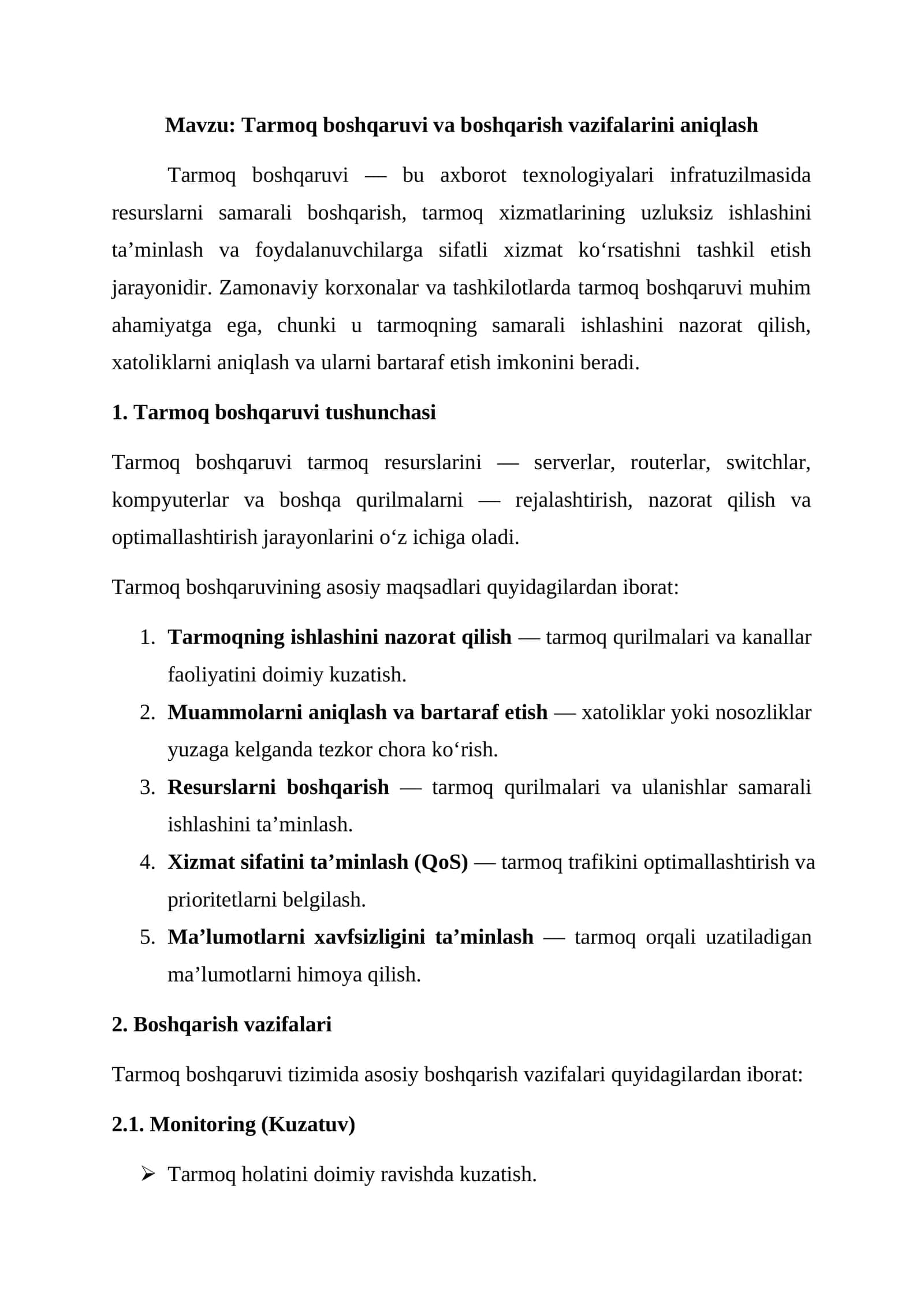 Tarmoq boshqaruvi va boshqarish vazifalarini aniqlash 1