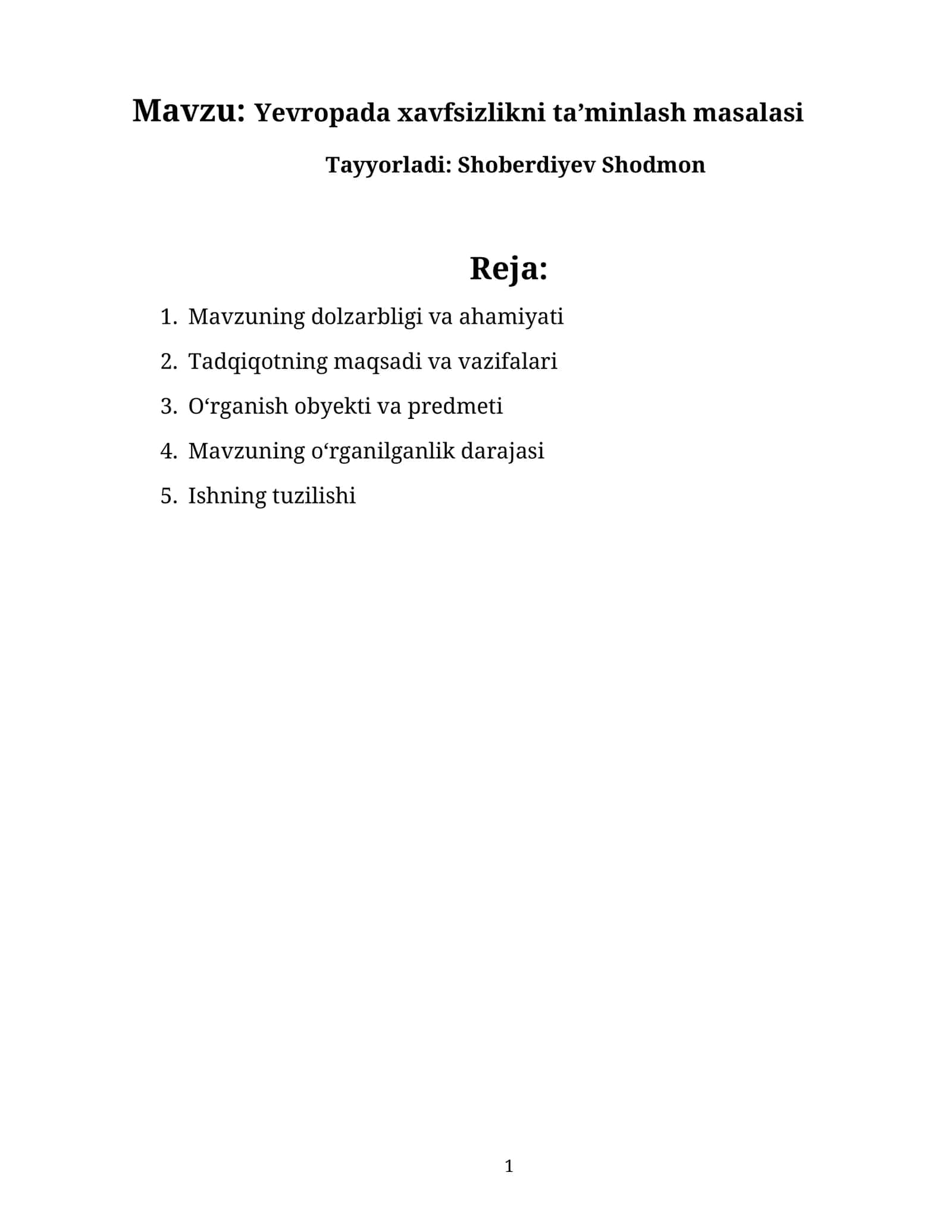 Yevropada xavfsizlikni ta’minlash masalasi 1