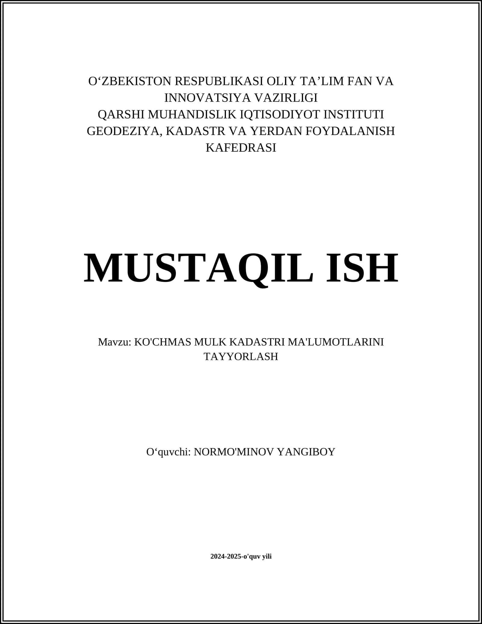 KO'CHMAS MULK KADASTRI MA'LUMOTLARINI TAYYORLASH 1